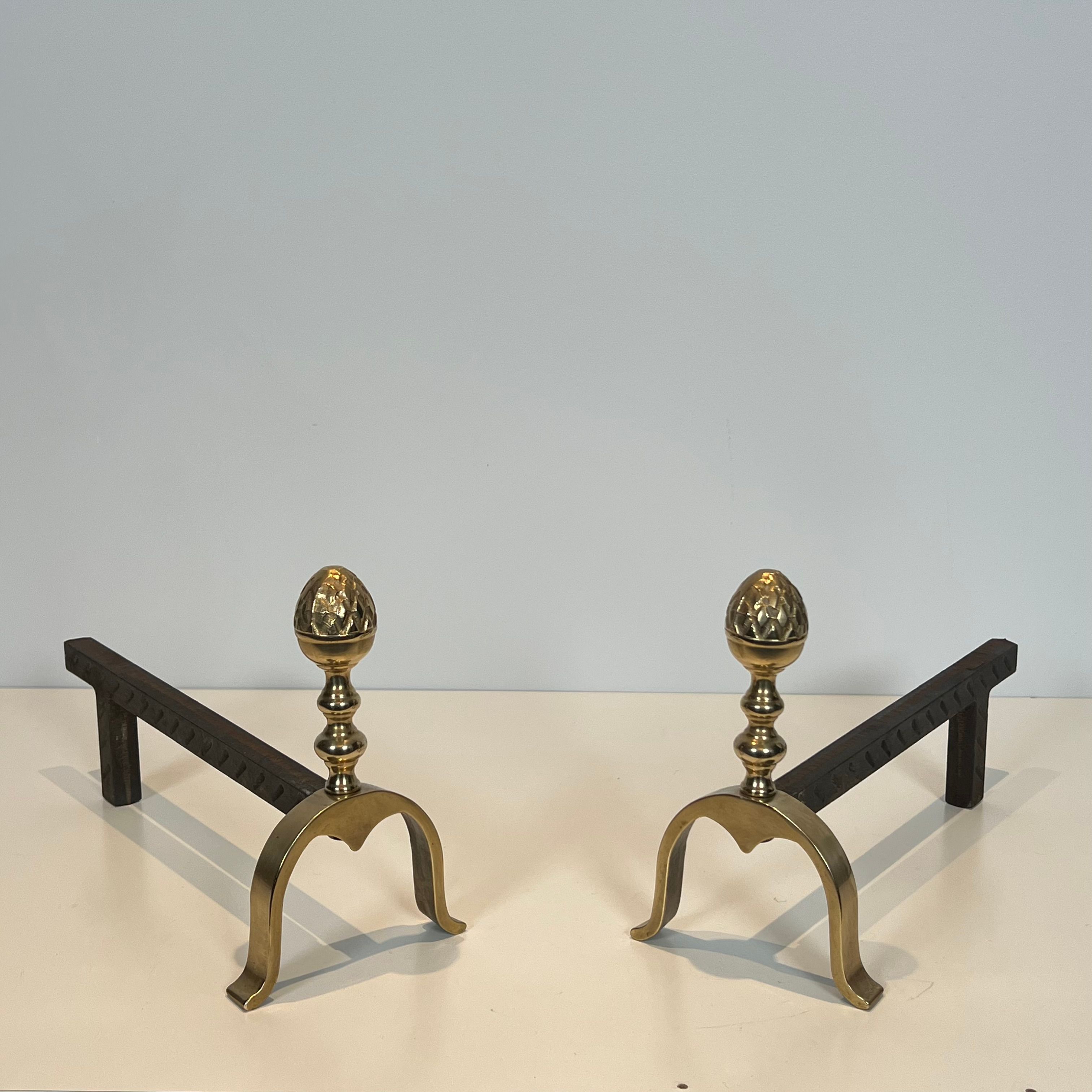 Pair of Neoclassical Style Pine Cone Brass Andirons In the Style of Maison Jansen