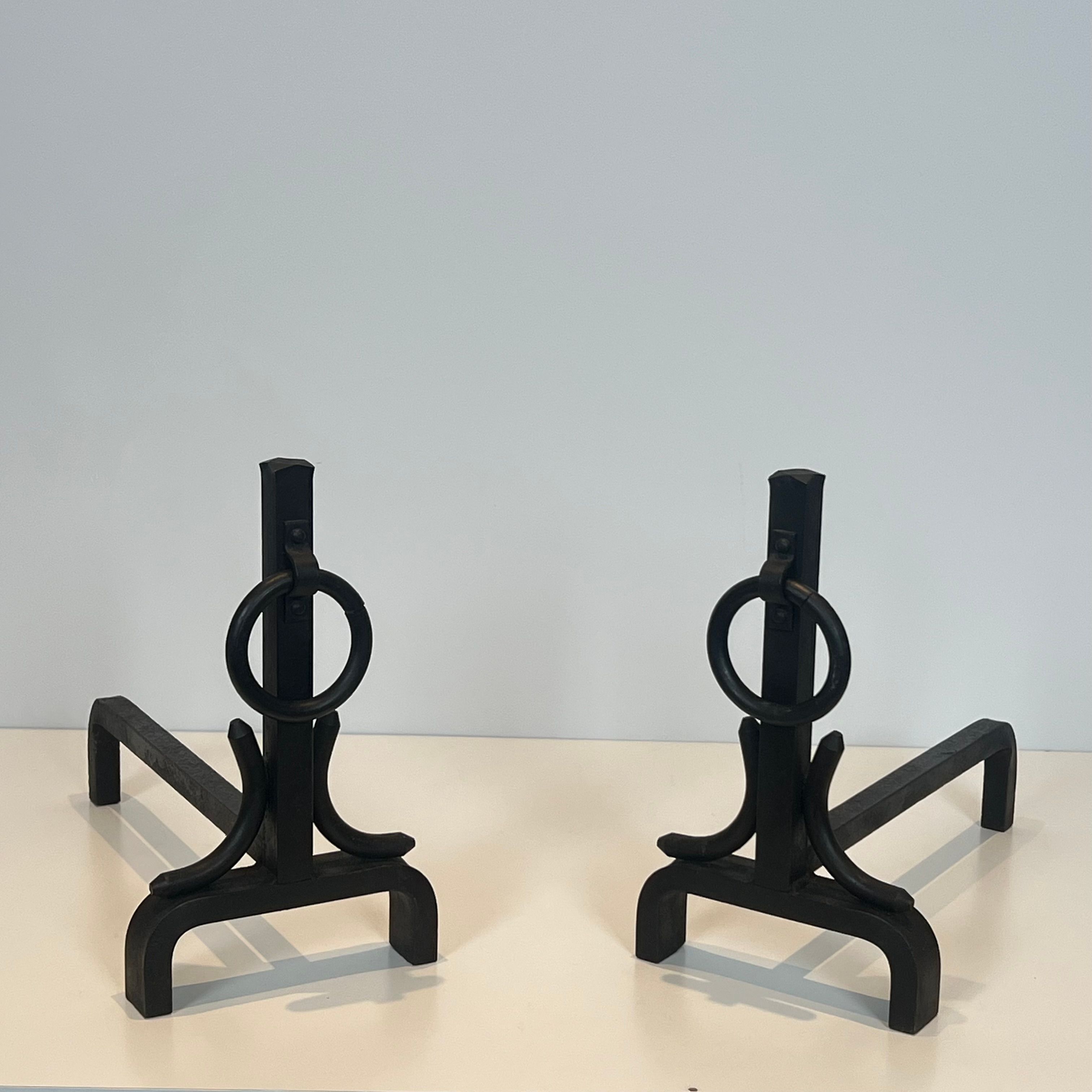 Paire de Chenets Modernistes en Fer Forgé dans le Goût de Jacques Adnet