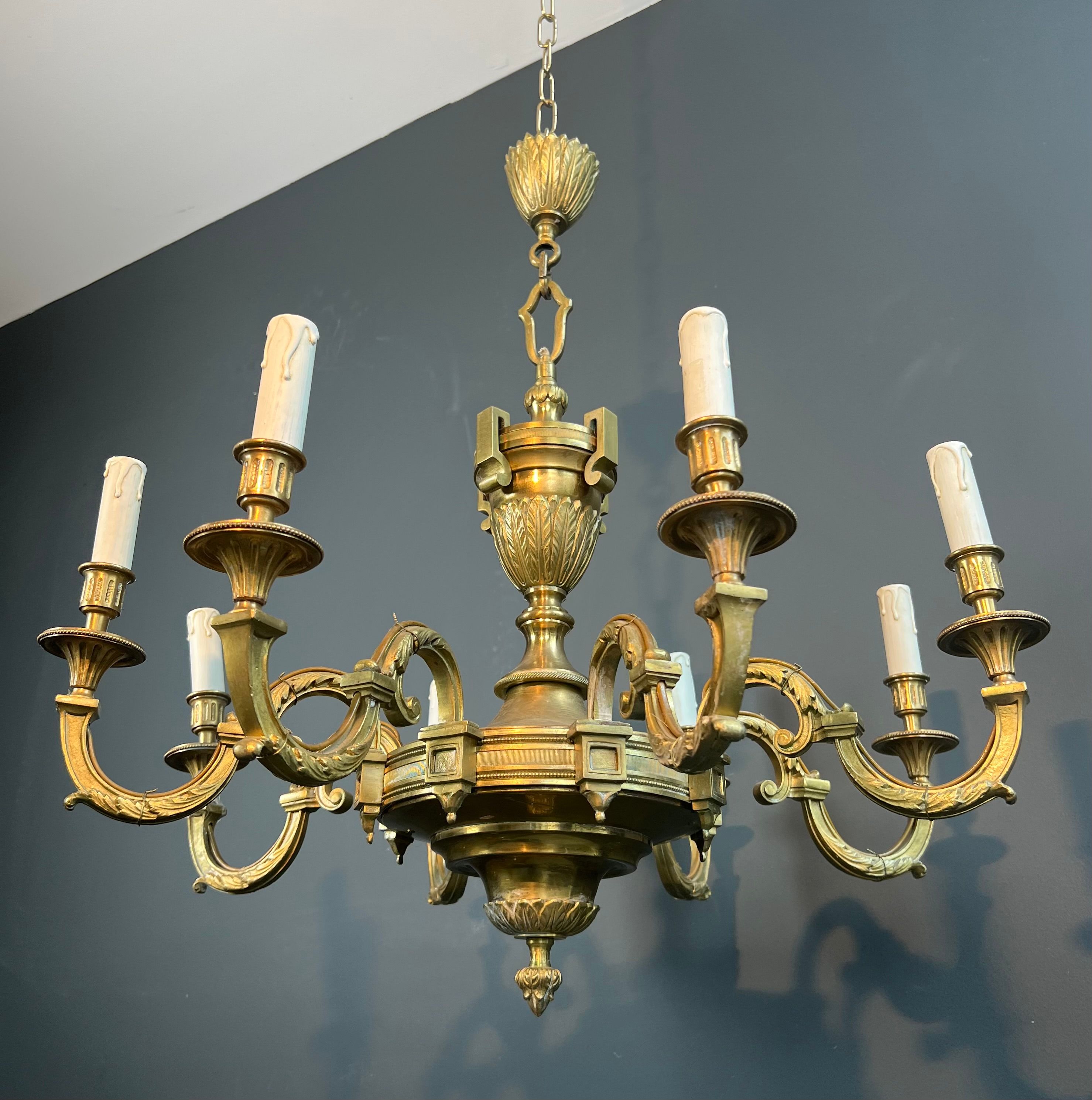 Large 8 Arms Chiseled Bronze Chandelier in the Style of Louis the 16th by Lucien Gau