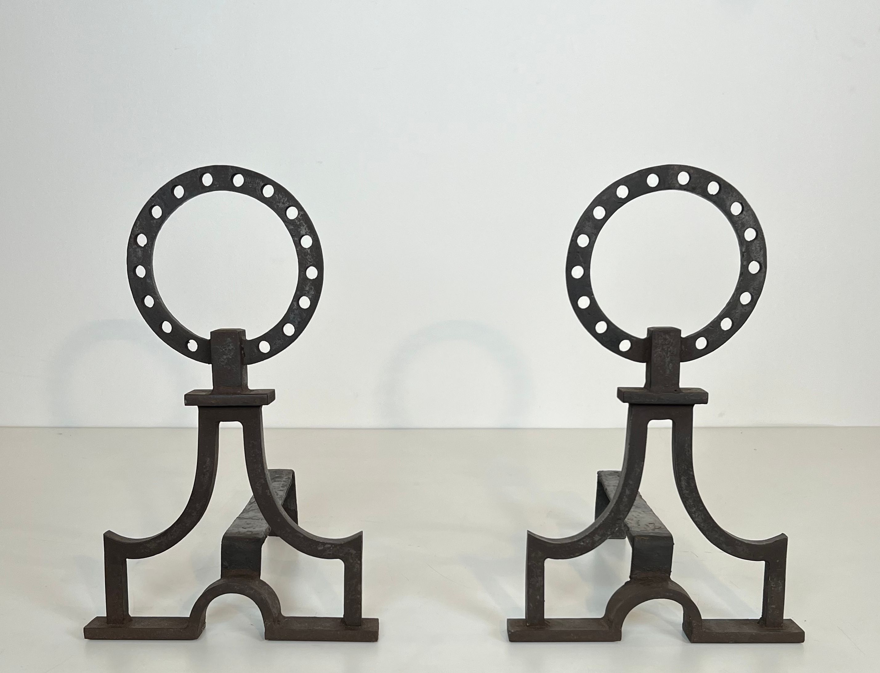 Pair of Modernist Wrought Iron Andirons in the Style of Gilbert Poillerat