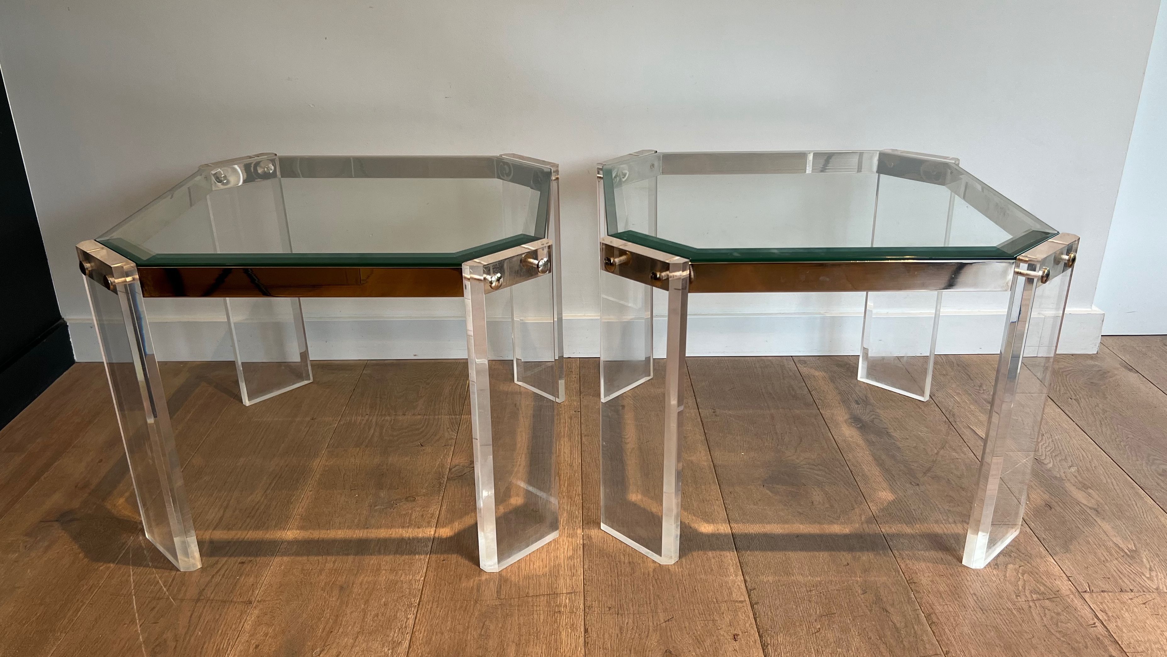 Pair of Octogonal Lucite and Chrome Side Tables by Maison Jansen