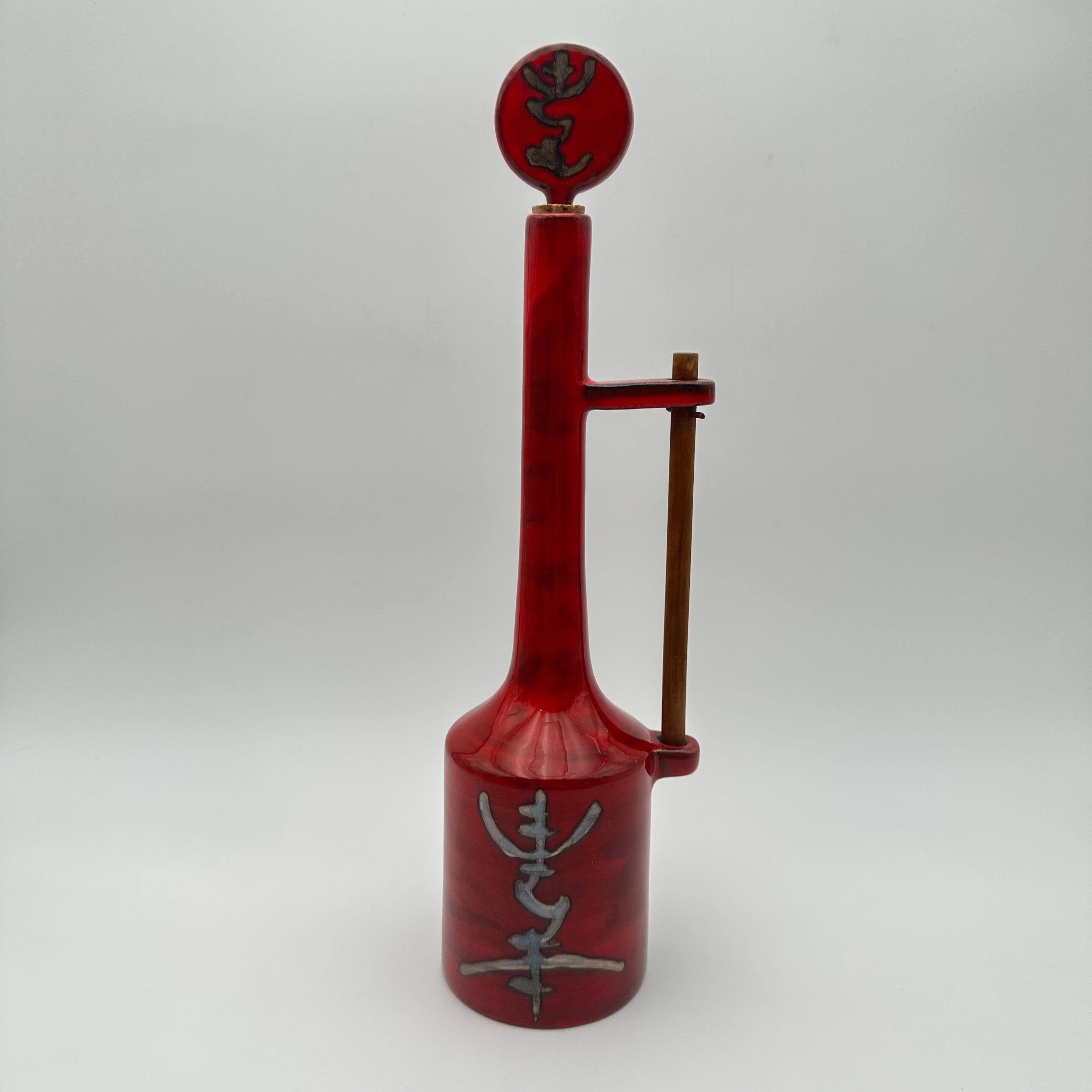 Modernist Red Glazed Ceramic Bottle with Sculptural Stopper – Signed, Circa 1970