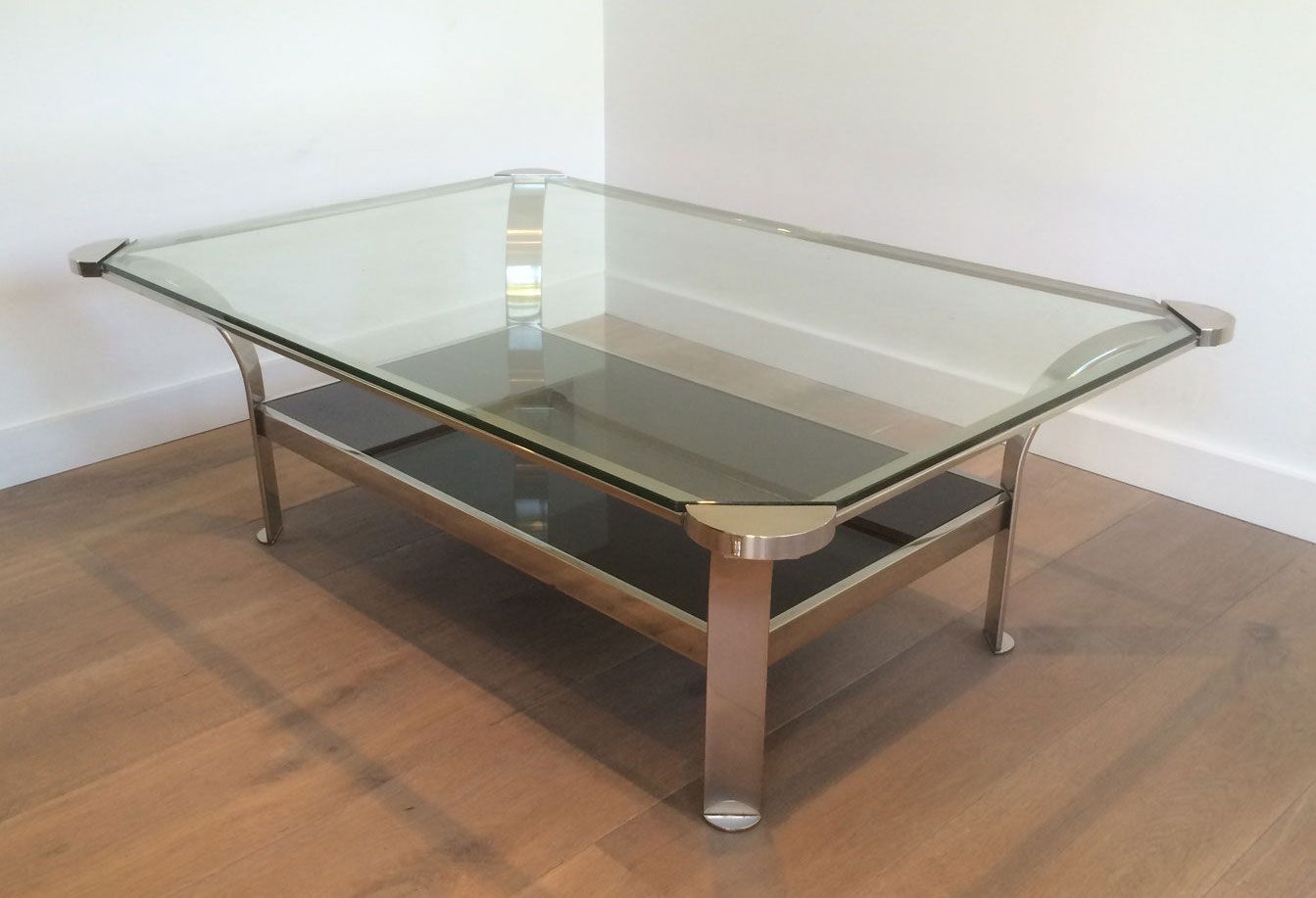 Large Design Chrome Coffee Table with Glass Shelves