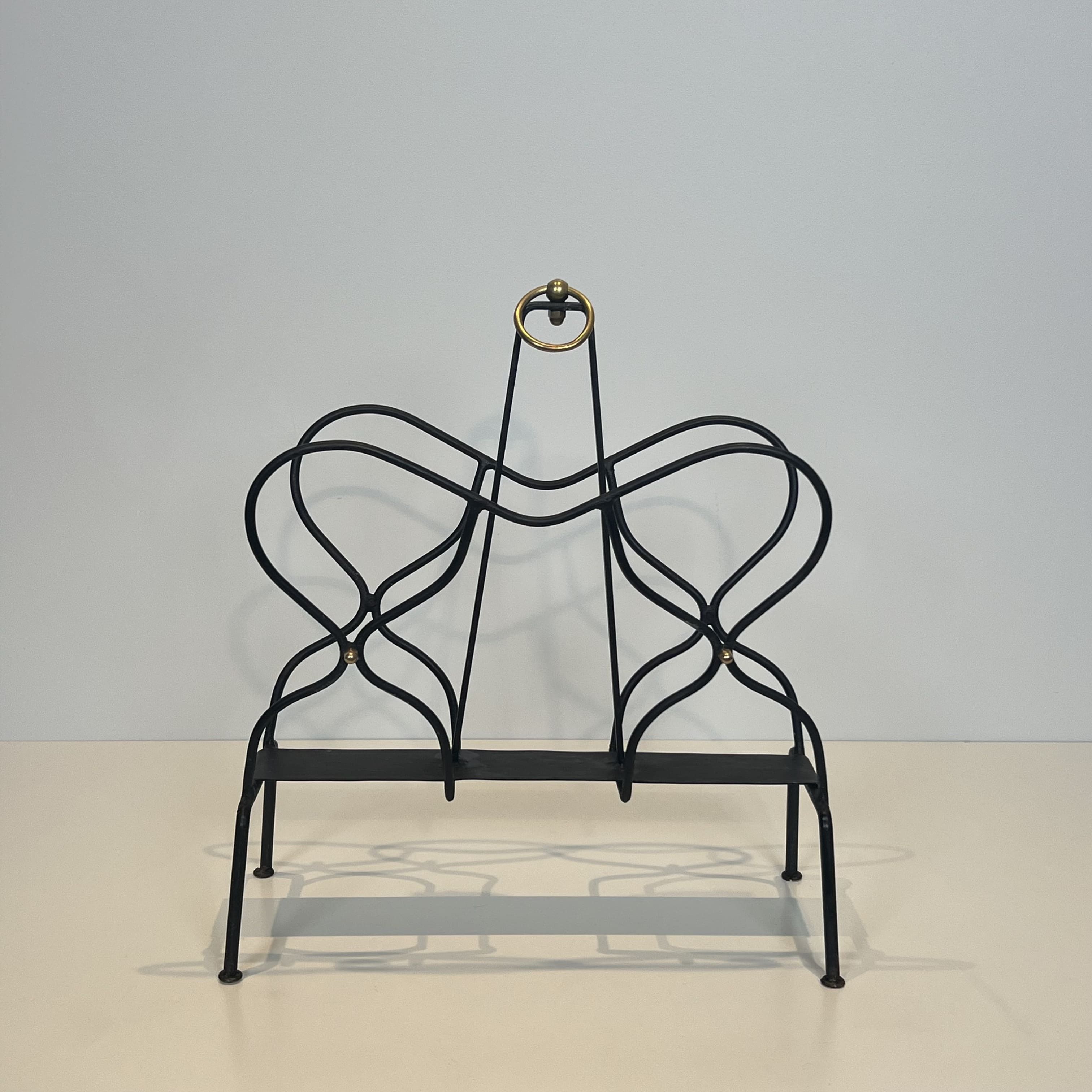 Black Lacquered Metal and Brass Magazine Rack, Attributed to Jacques Adnet, 1950s
