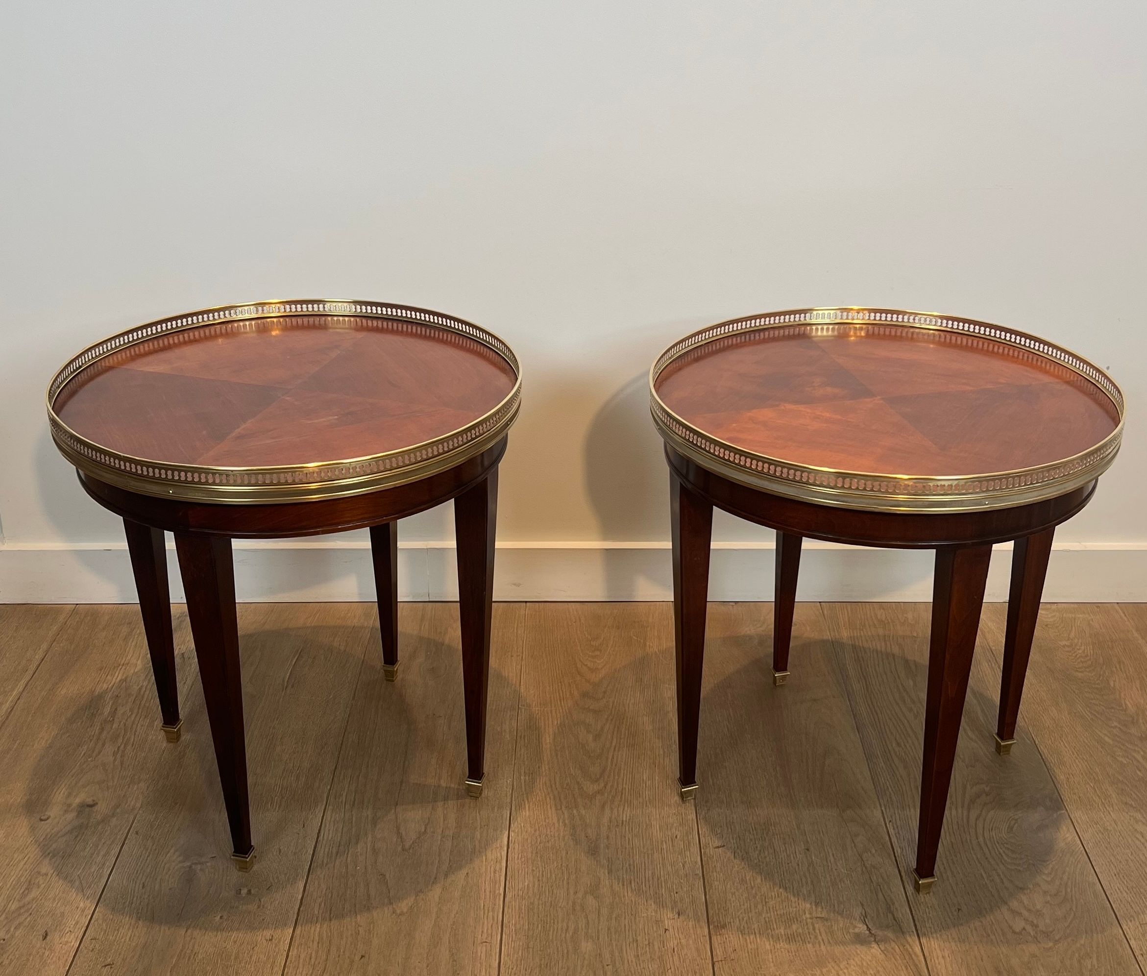 Pair of Neoclassical Style Bouillotte Tables, Wood and Brass Round Side Tables or Gueridons