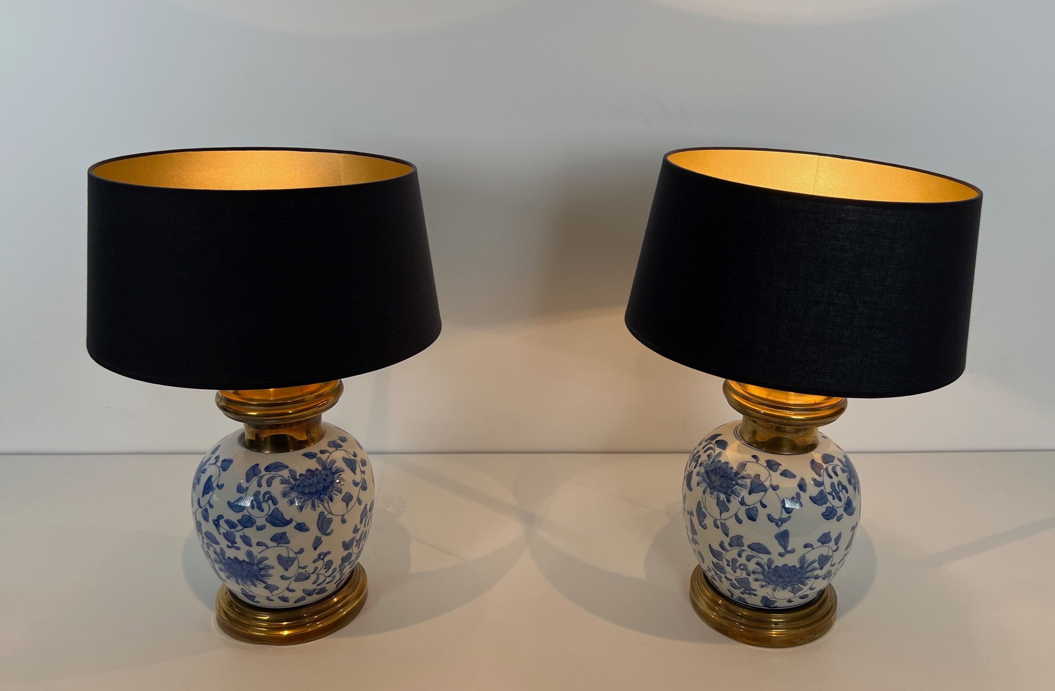 Pair of Porcelain and Brass Table Lamps with Chinese Decoration