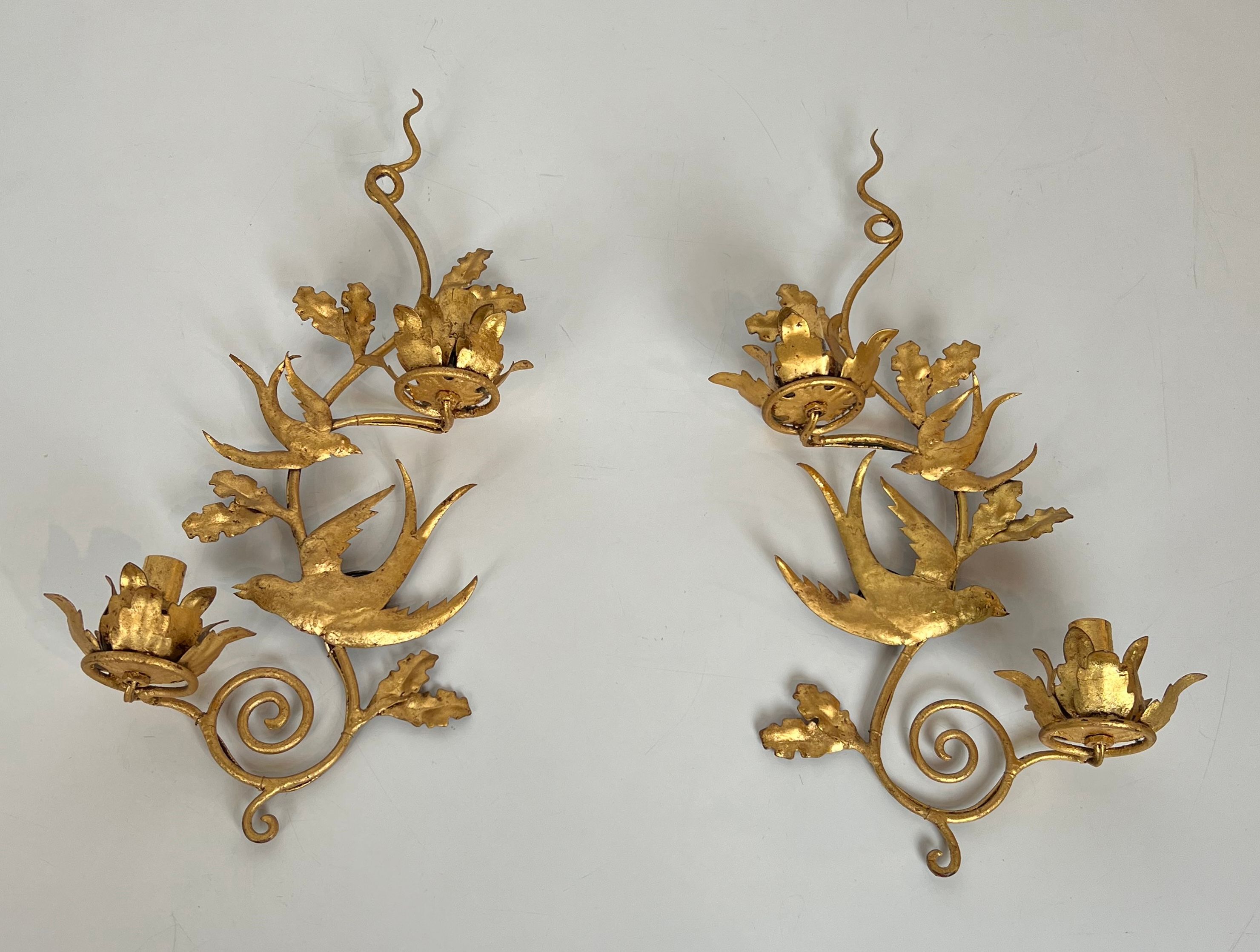 Pair of Gilded Metal Birds Wall Sconces in the Style of Maison Baguès