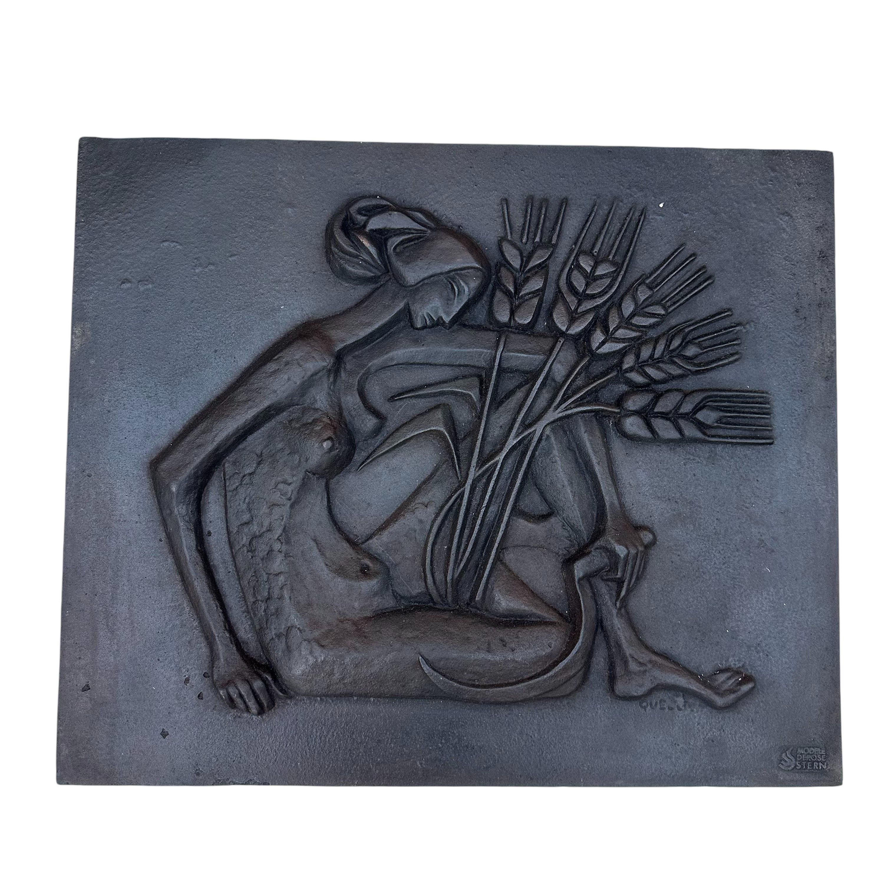 Modernist Cast Iron Fireback Representing a Nude Woman with a Scythe and Ears of Wheat