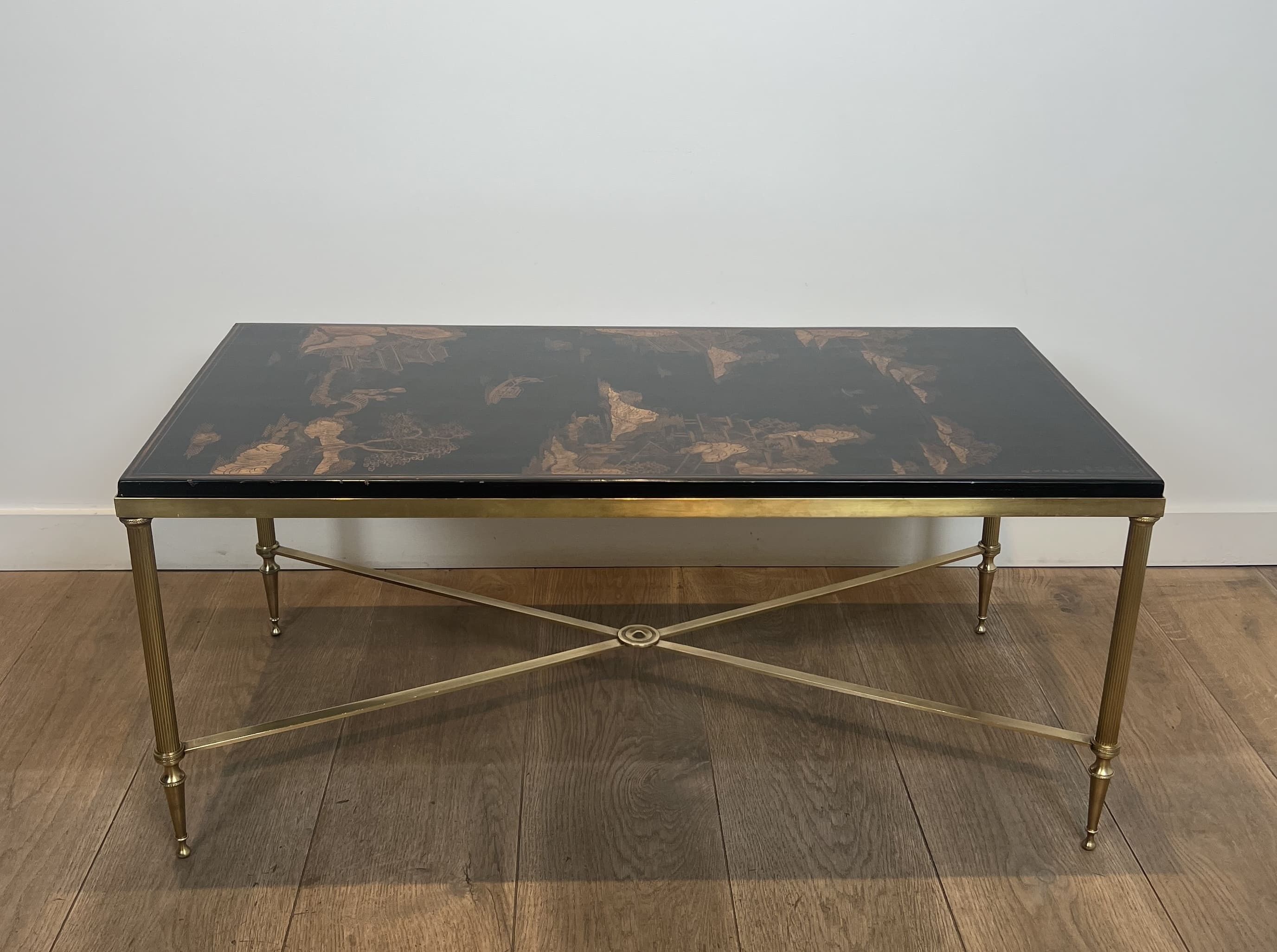 Neoclassical Style Brass Coffee Table with Chinoiserie Lacquer Top, Attributed to Maison Jansen, 1940s
