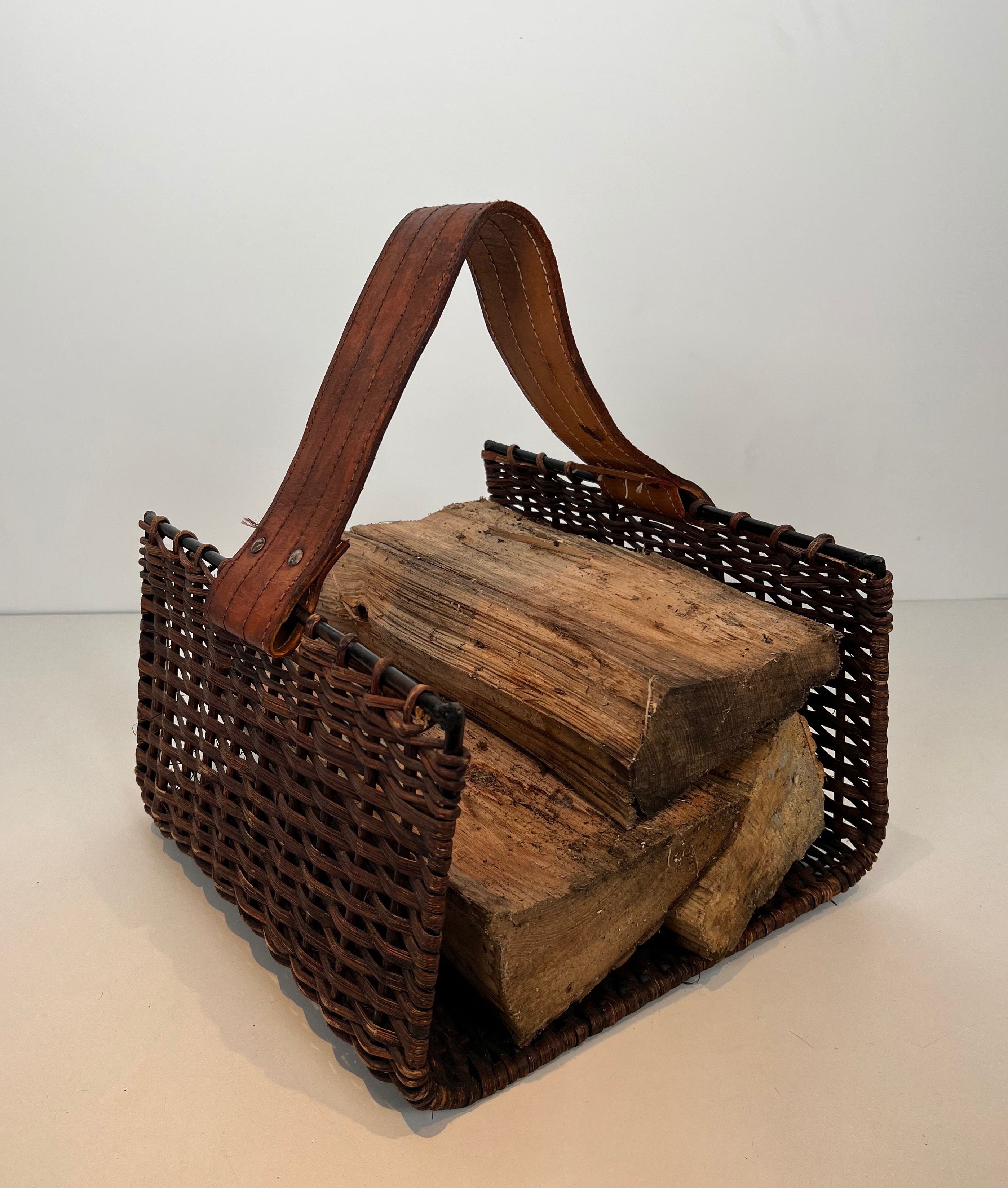 Rattan, Black Lacquered Metal and Leather Log Holder