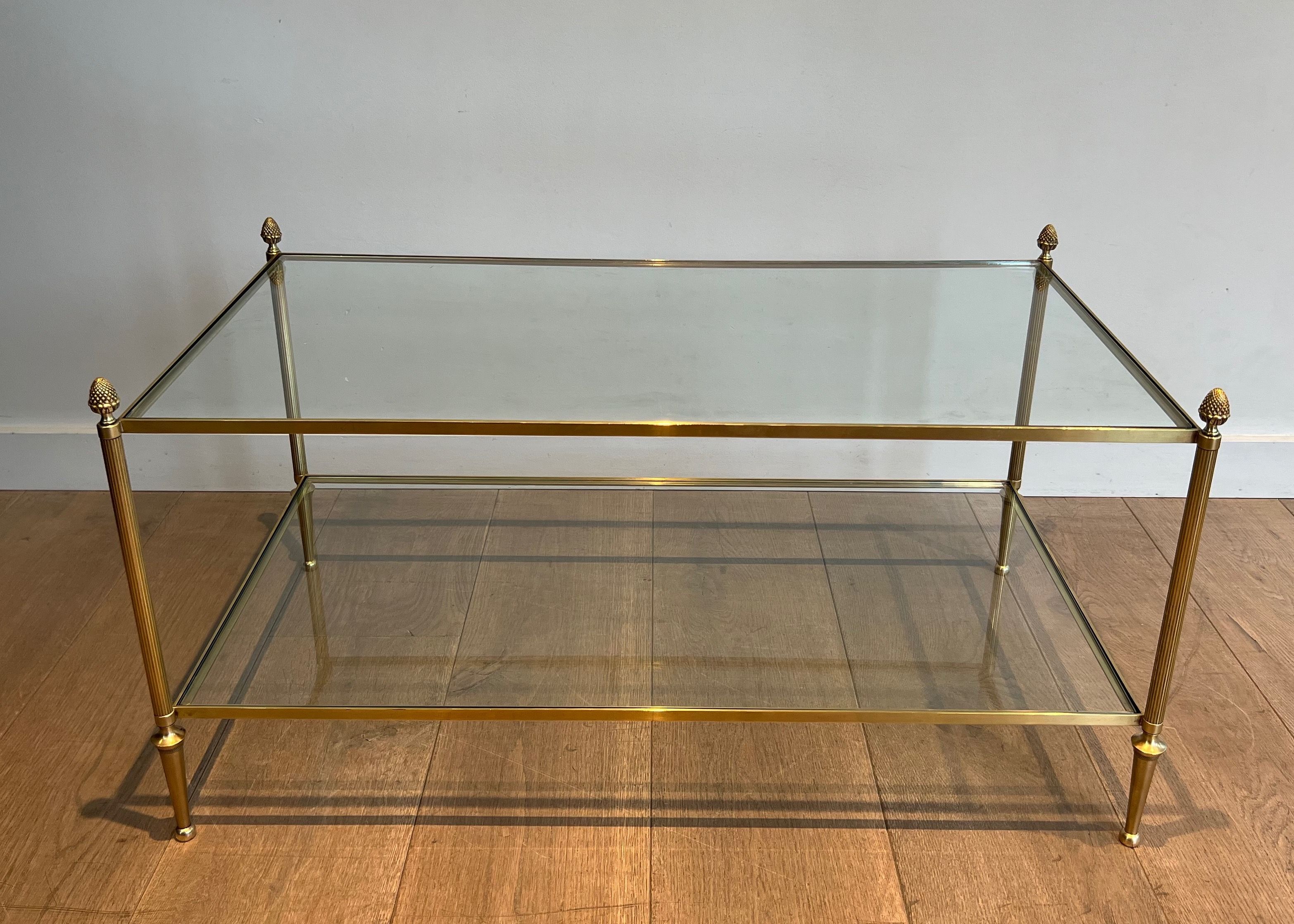 Neoclassical Style Coffee Table in Bronze, Brass with Clear Glass Shelves by Maison Baguès