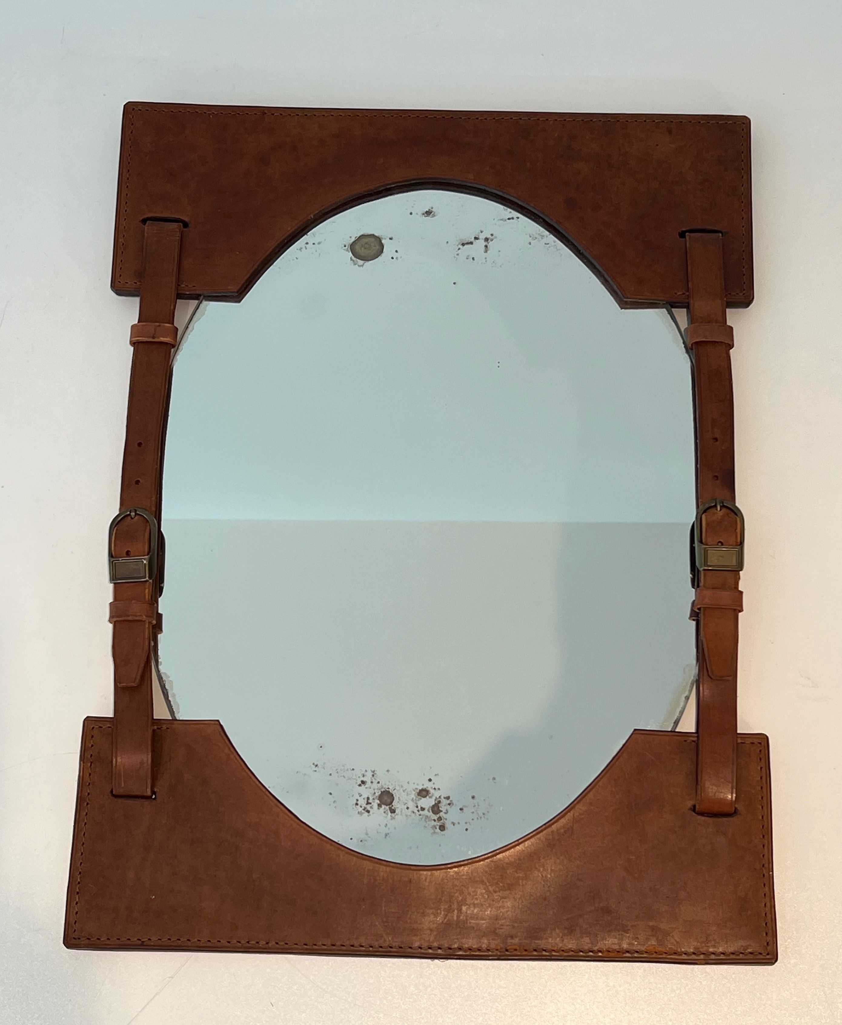 Leather Mirror in the Style of Jacques Adnet