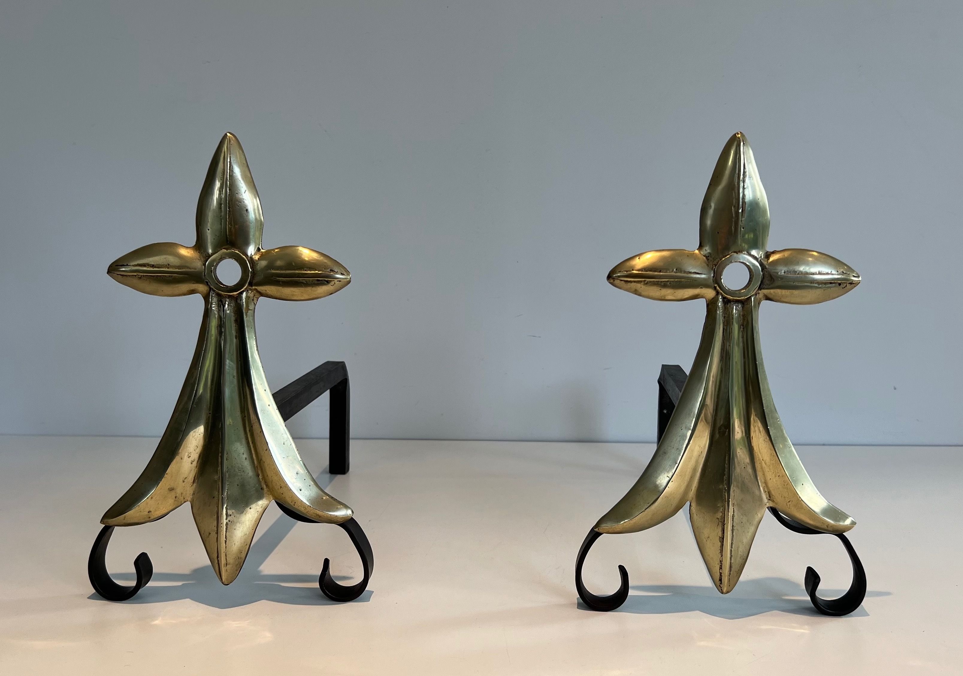 Pair of Art & Crafts Ermine Tail Bronze Andirons