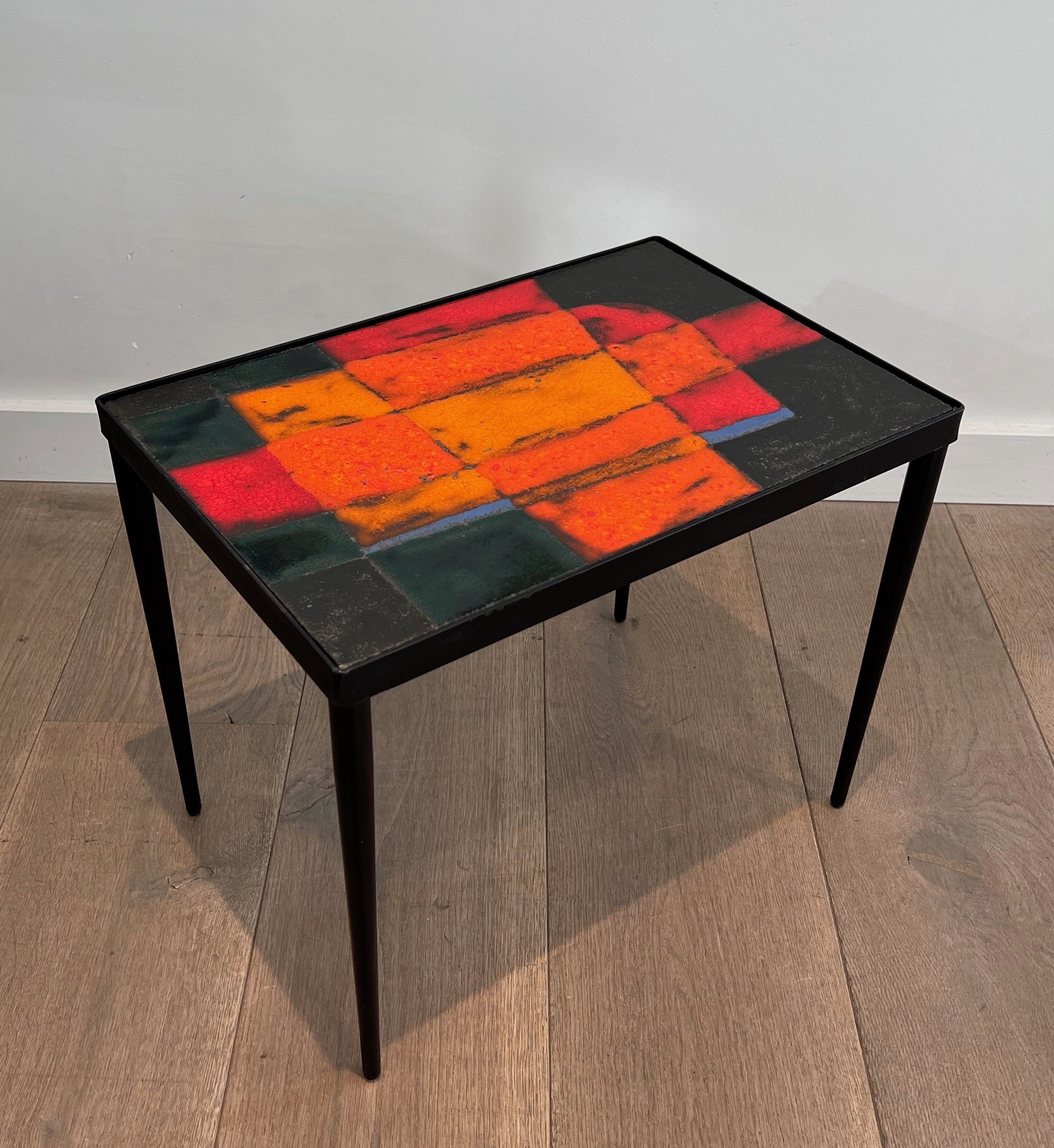 Small Lacquered Metal and Ceramic Side Table