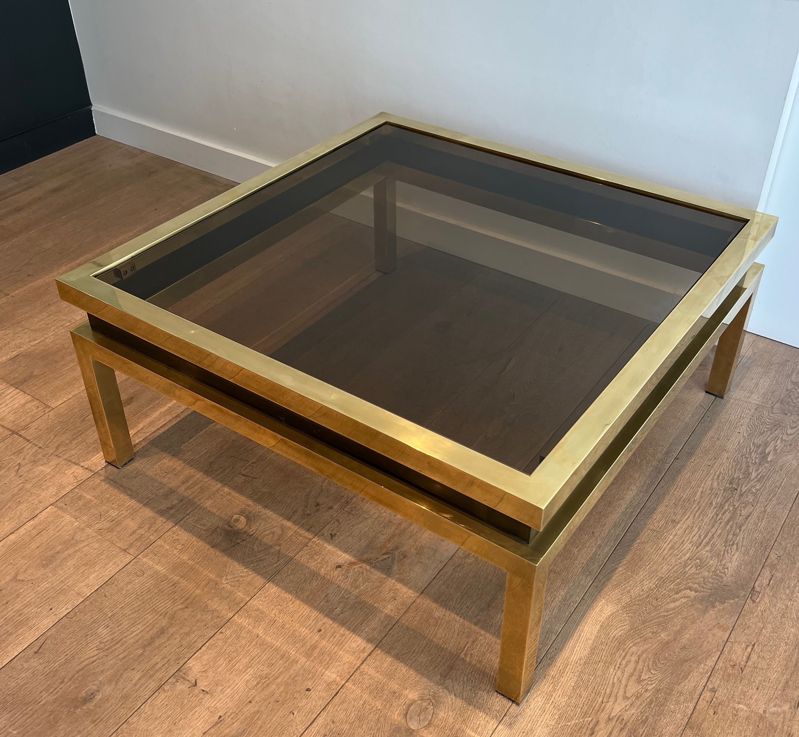 Brass Coffee Table with Black Lacquer and Smoked Glass Top by Guy Lefèvre for Maison Jansen