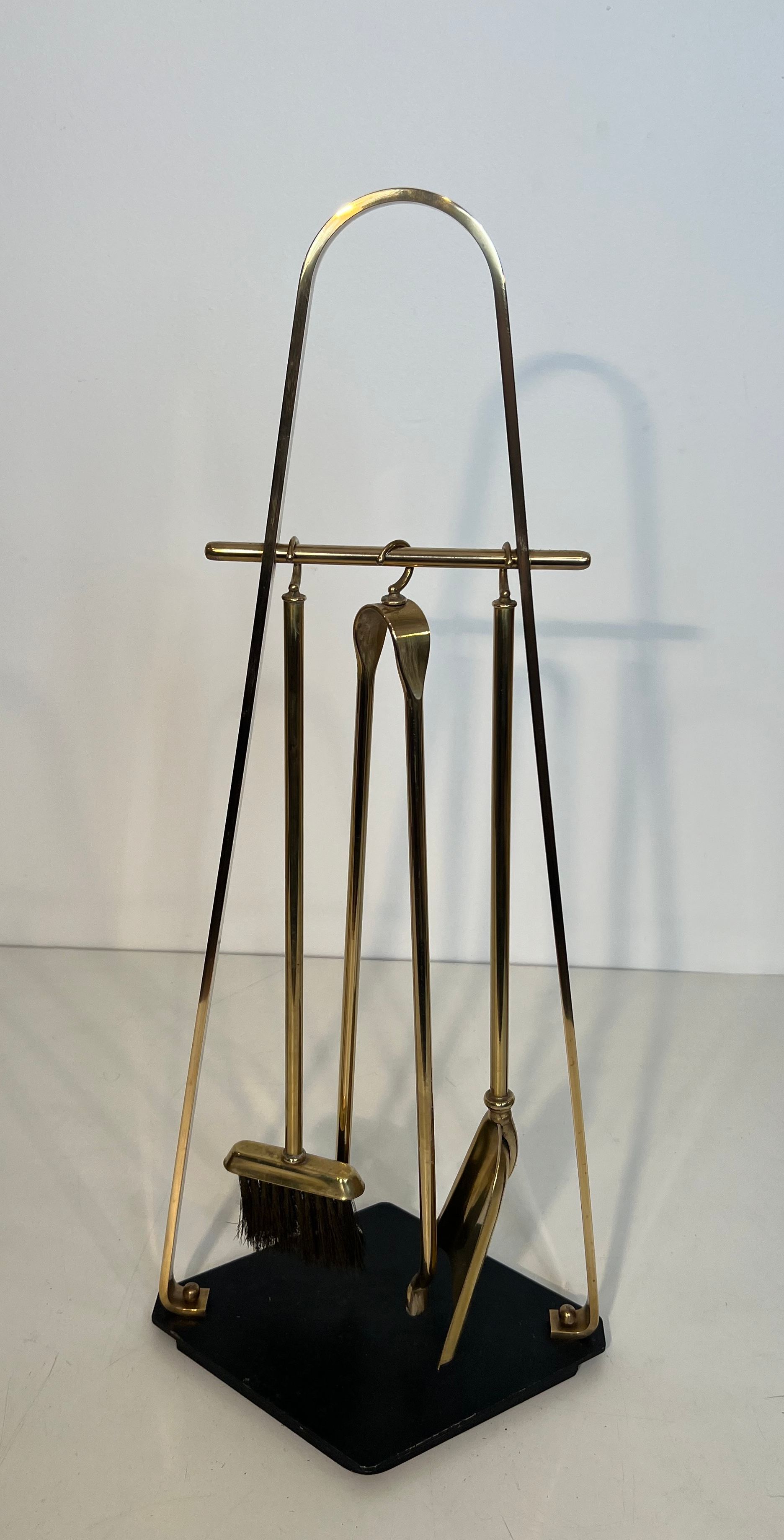 Black Lacquered and Brass Design Fireplace Tools on Stand