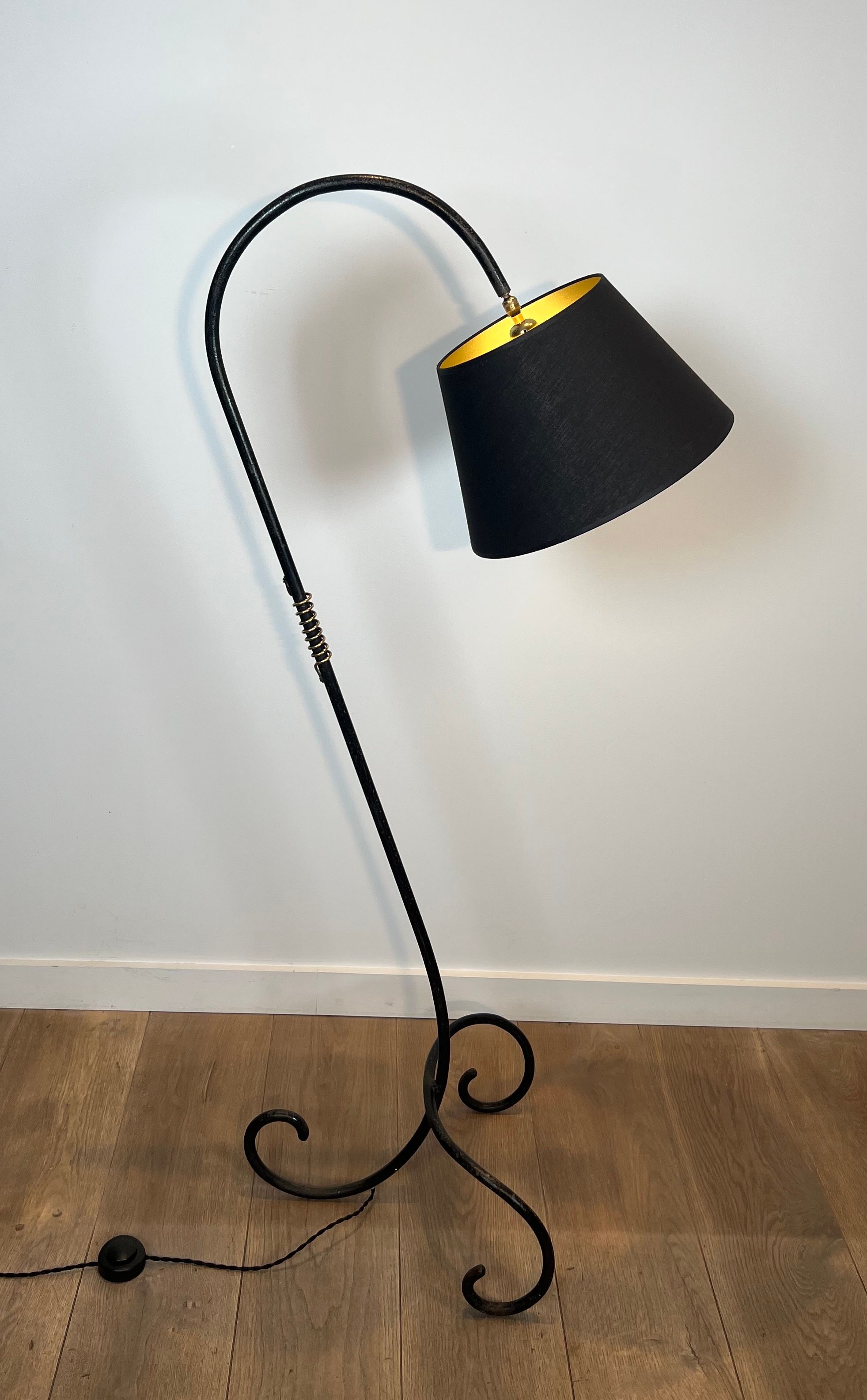 Black Lacquered and Brass Floor Lamp in the Style of Jean Royère