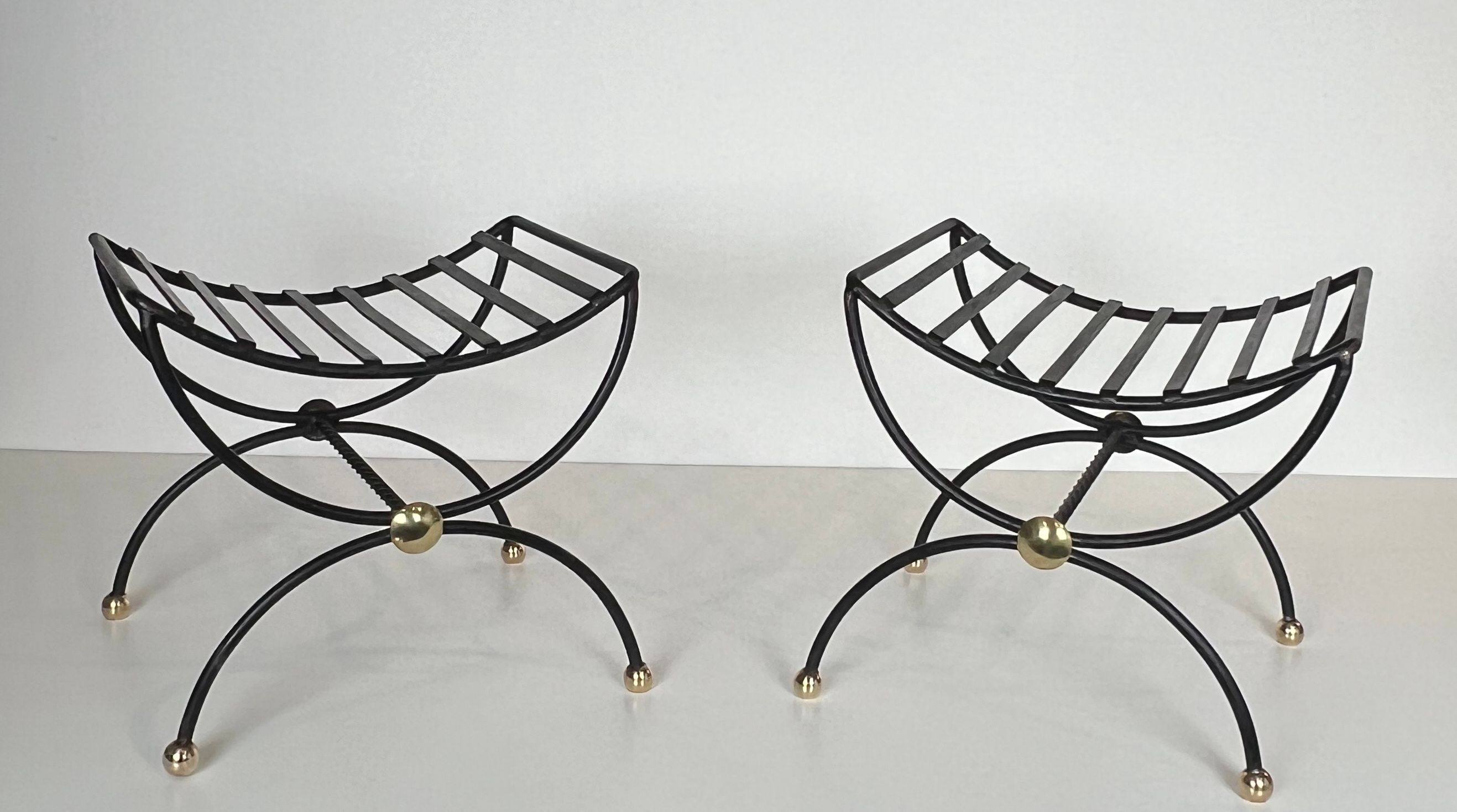Pair of Design Wrought Iron and Brass Curule Stools