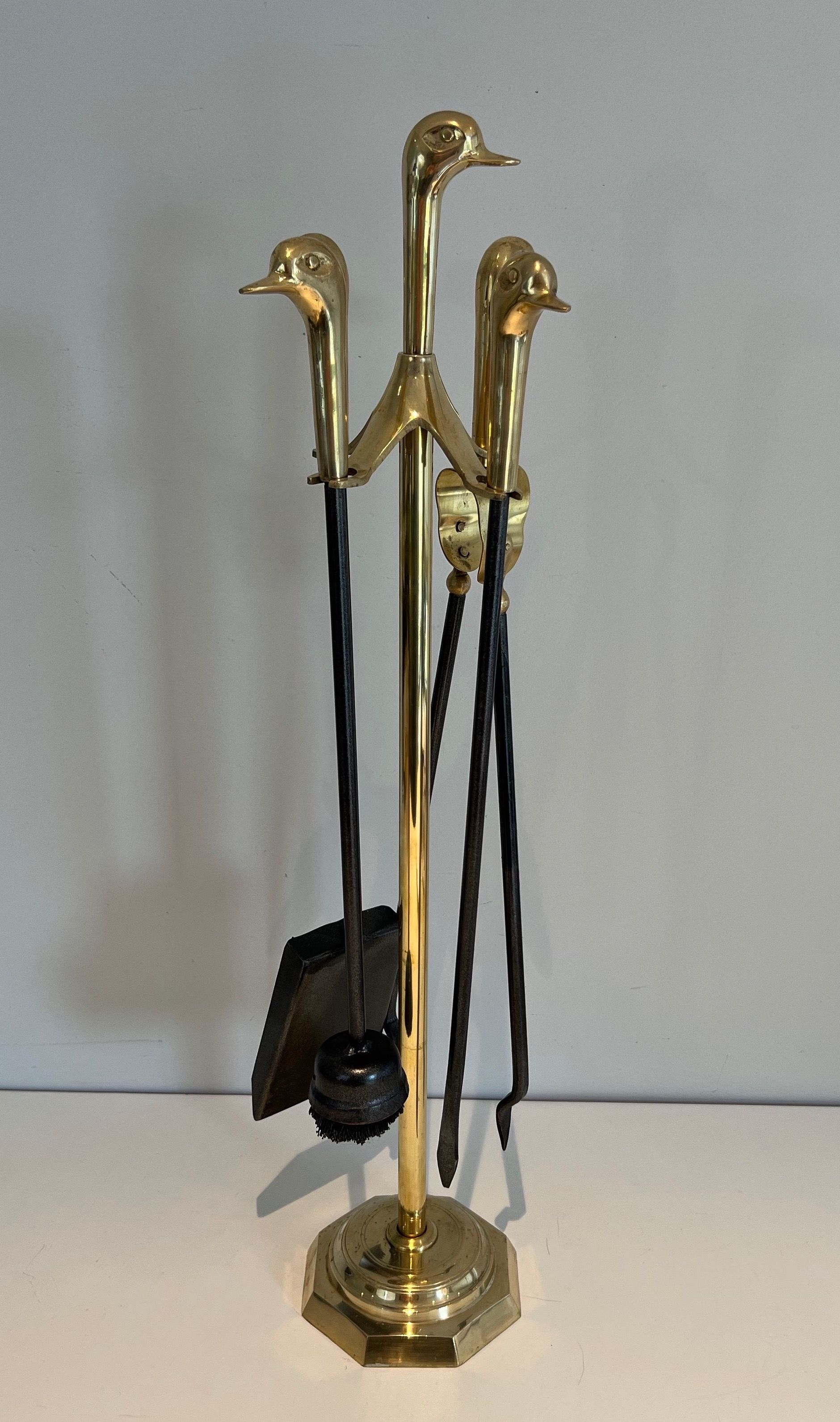 Brass and lacquered Metal Ducks Fireplace Tools on Stand