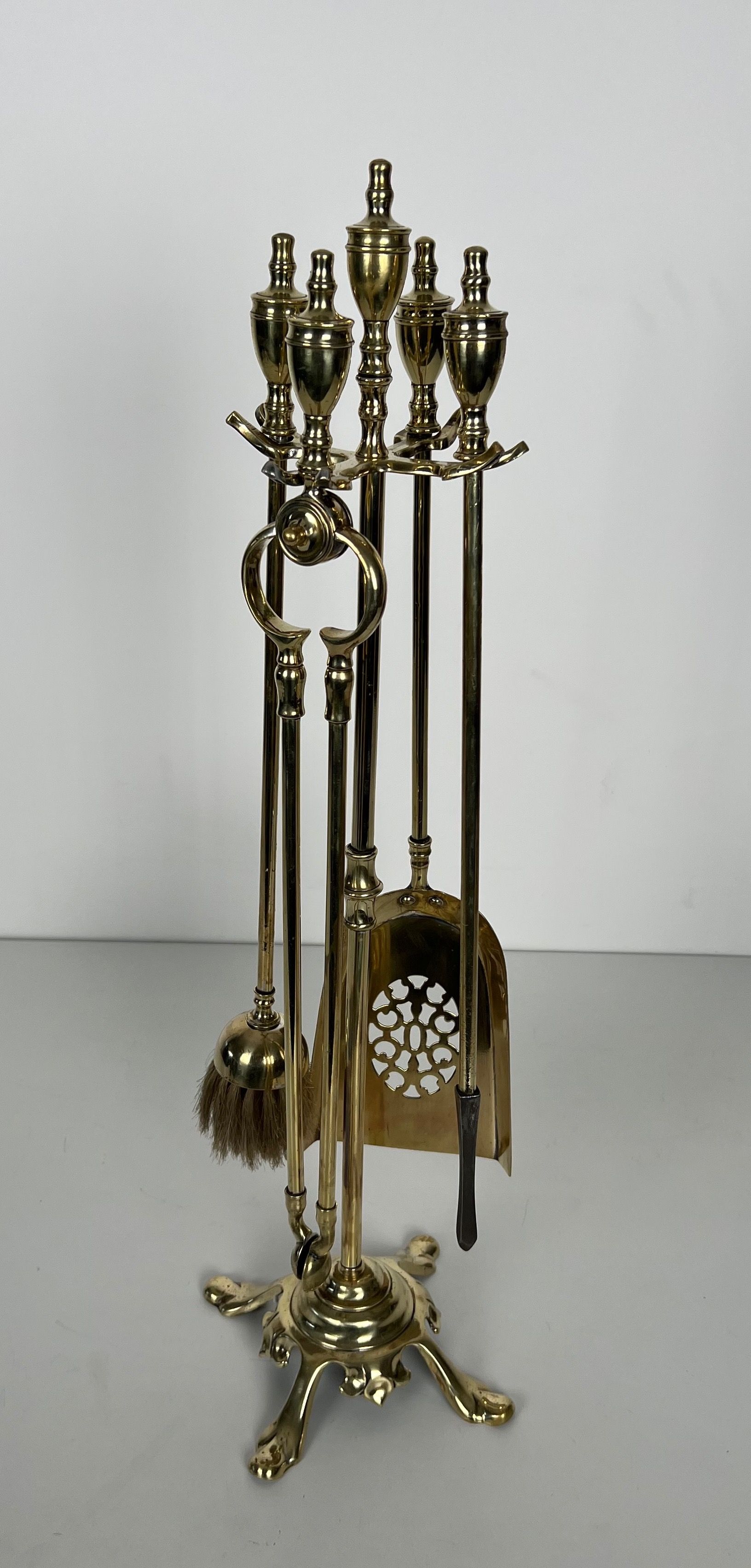 Neoclassical Style Brass Fireplace Tools on Stand