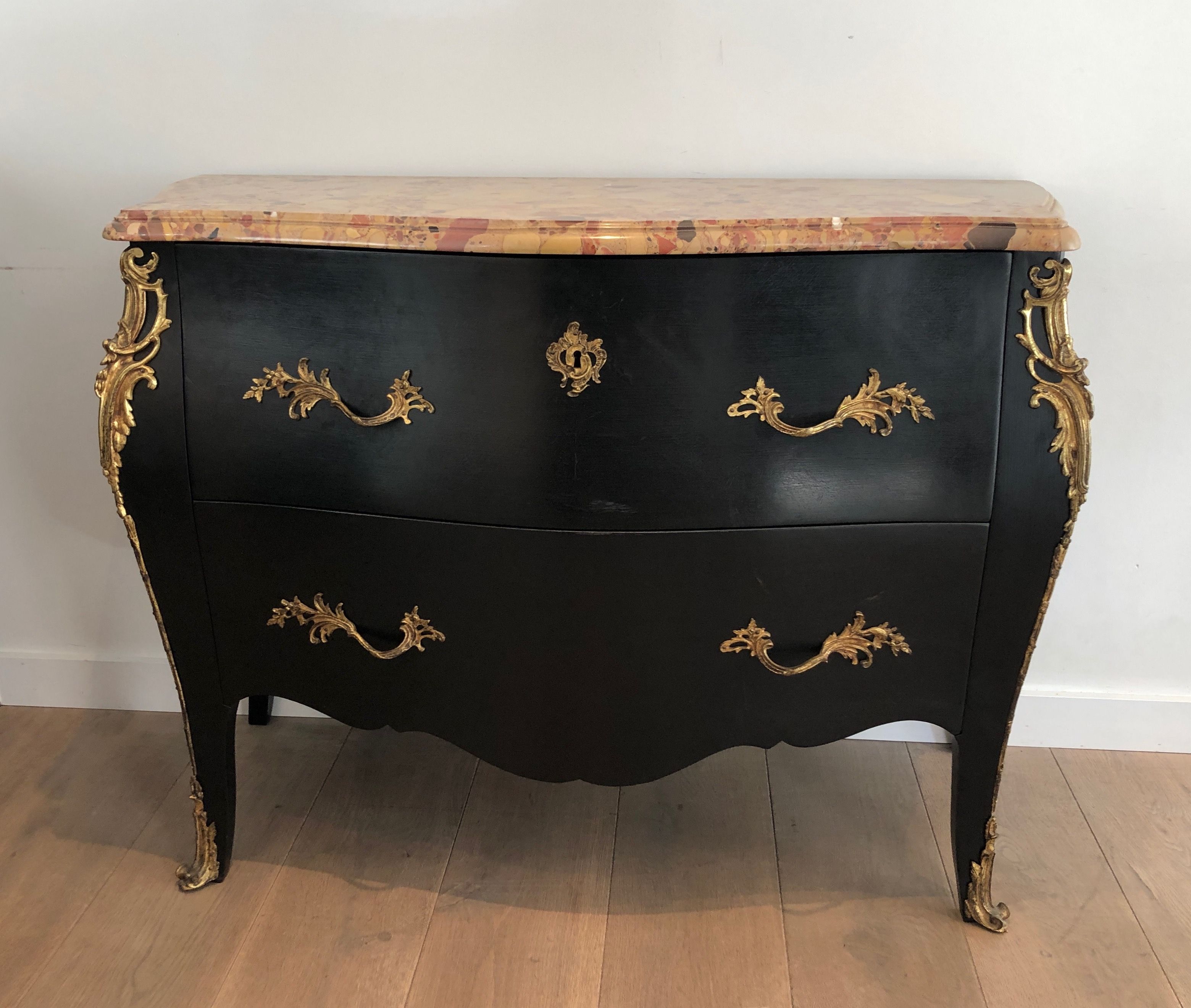 Curved Ebonized Chest of Drawers with Bronze Elements Stamped De Beyne Roubaix