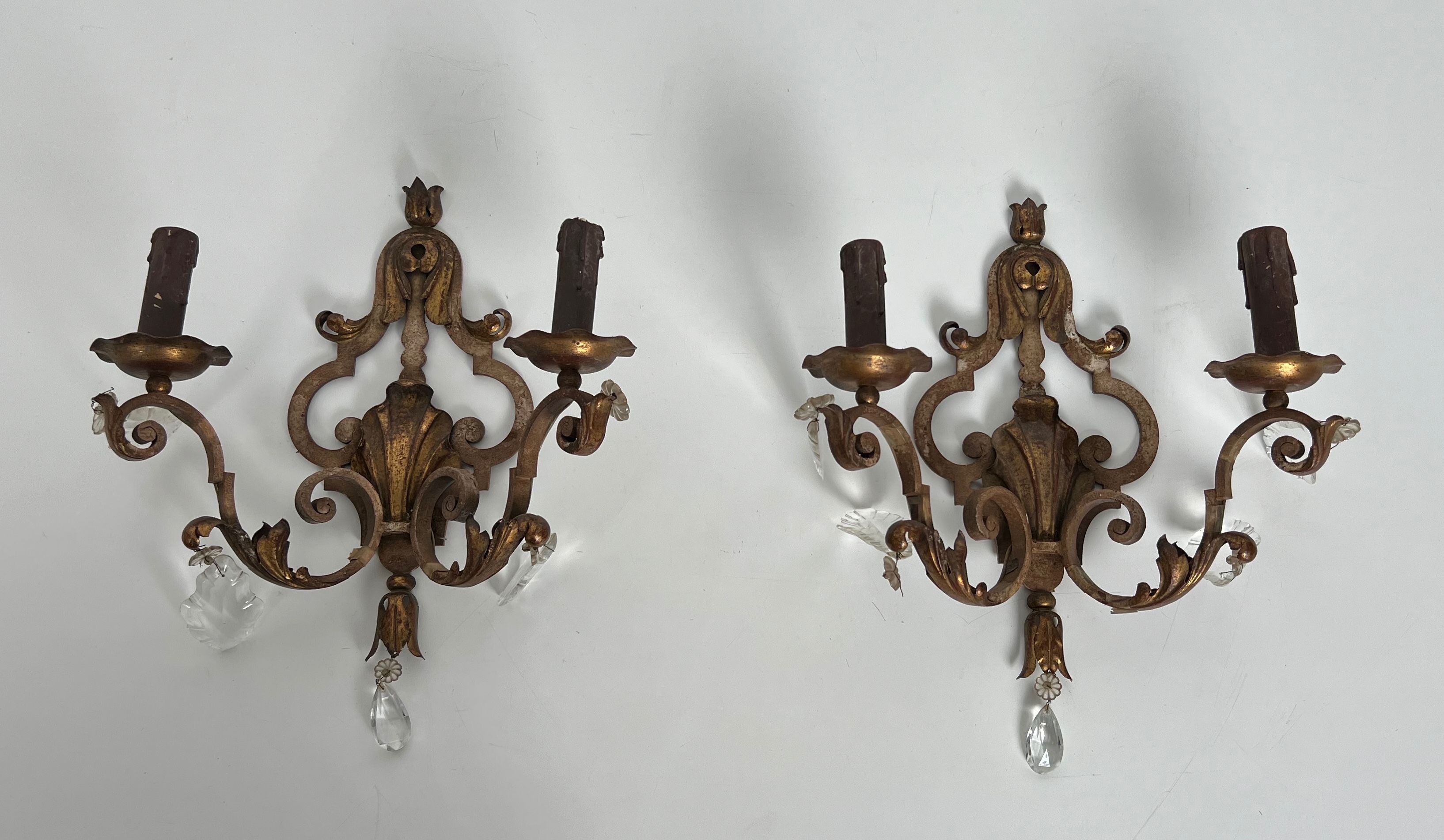Pair of Patinated Wrought Iron Wall Sconces with Gilded Acanthus Leaves and Crystals