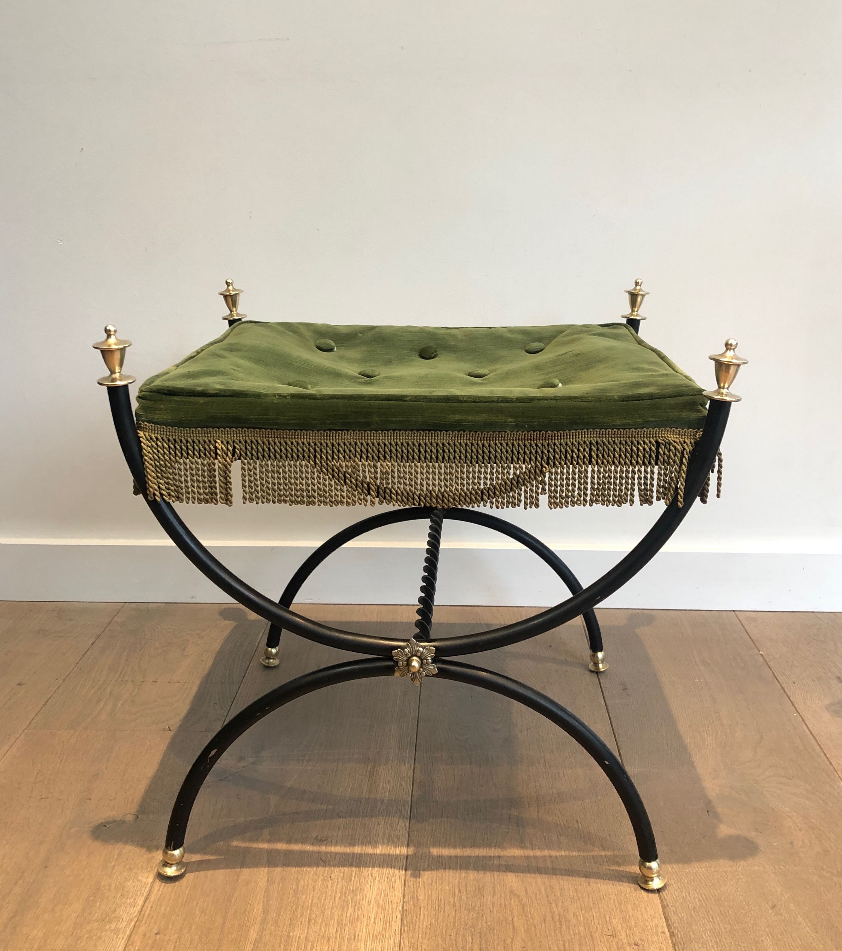 Neoclassical Style Black Lacquered  and Brass Stool with Velvet Seat. French Work. Circa 1940