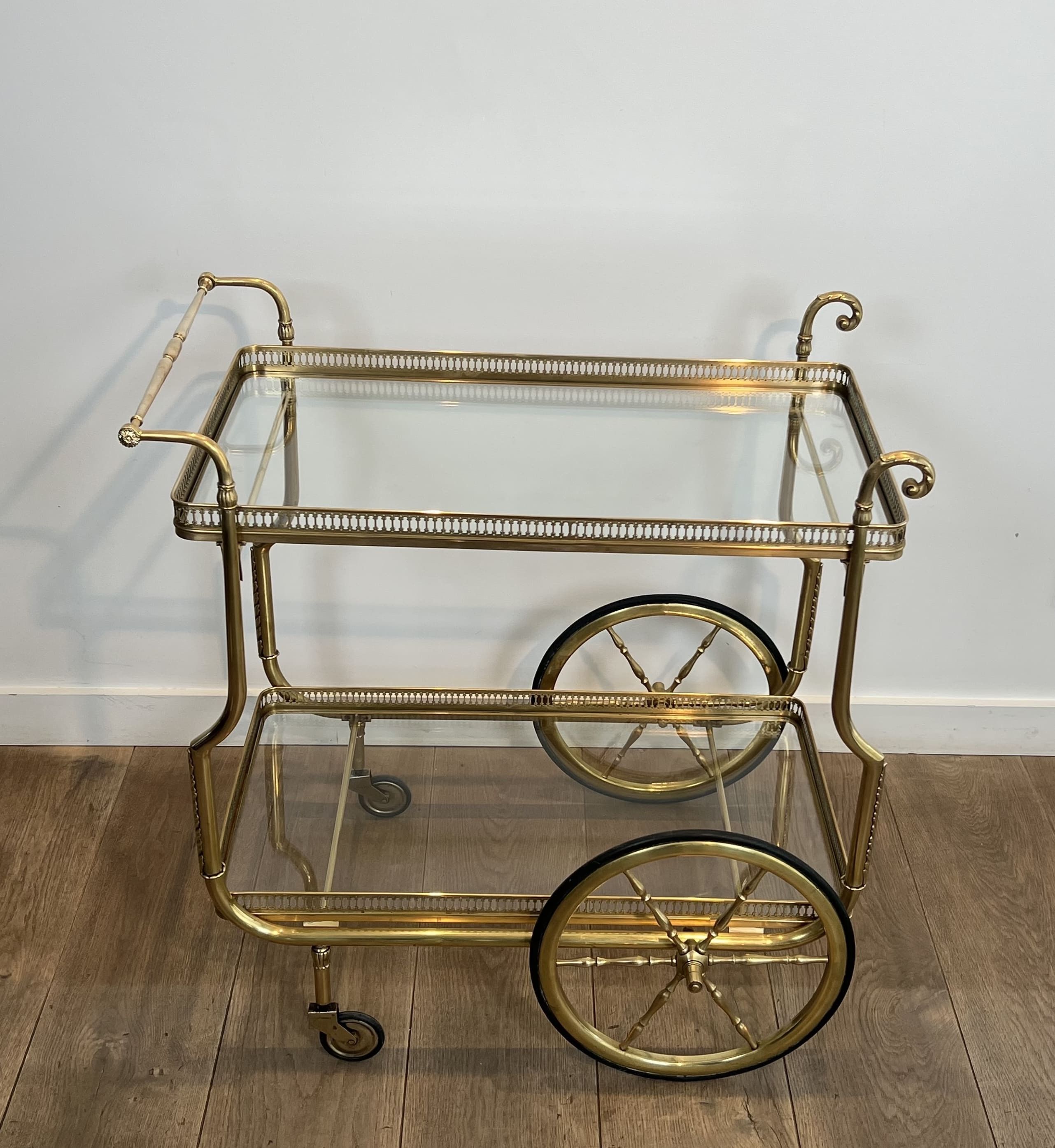 Neoclassical Style Brass Drinks Trolley with Glass Trays by Maison Jansen circa 1940