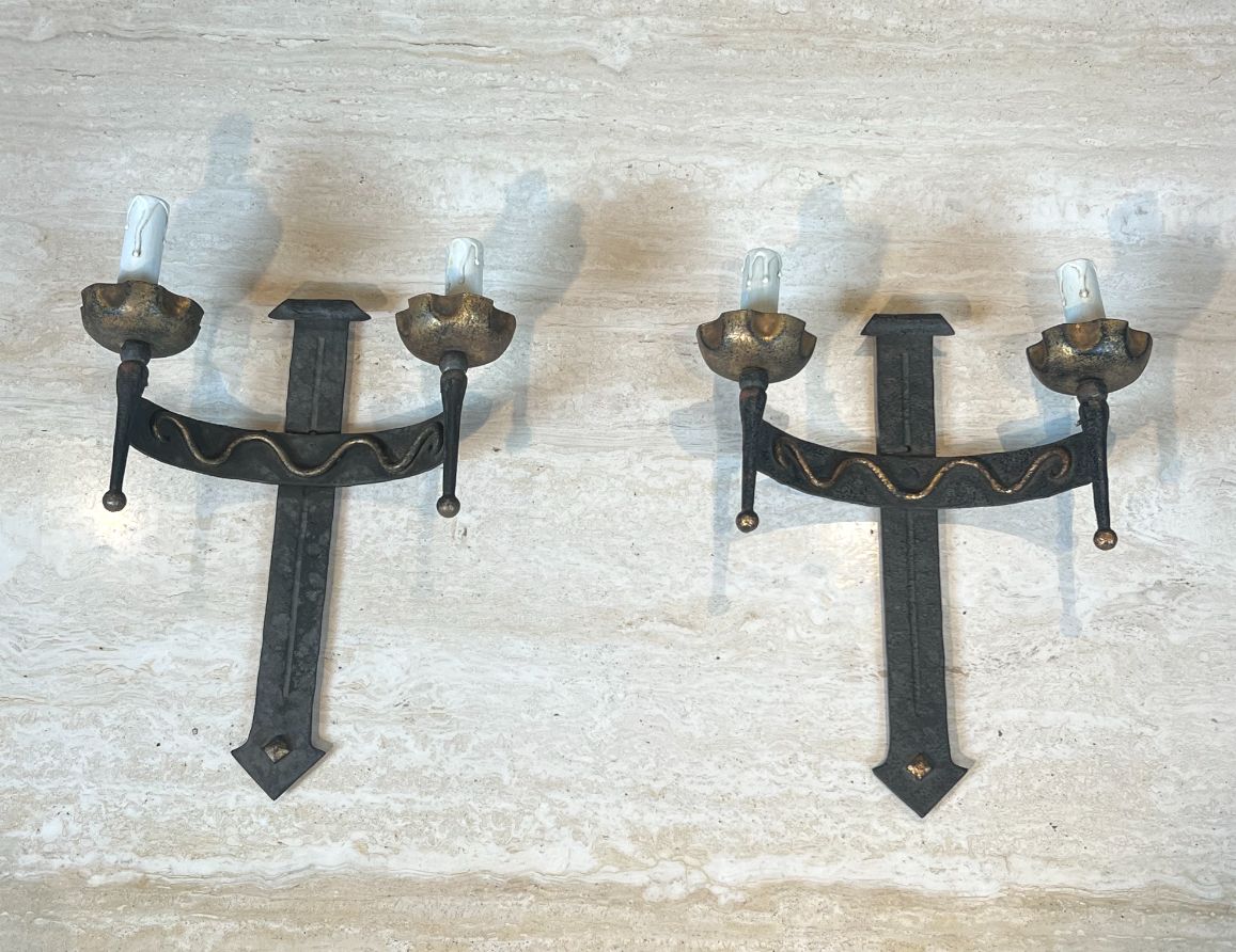 Pair of Wrought Iron Wall Lights with Coat of Arms and 2 Light Arms in the Gothic Style