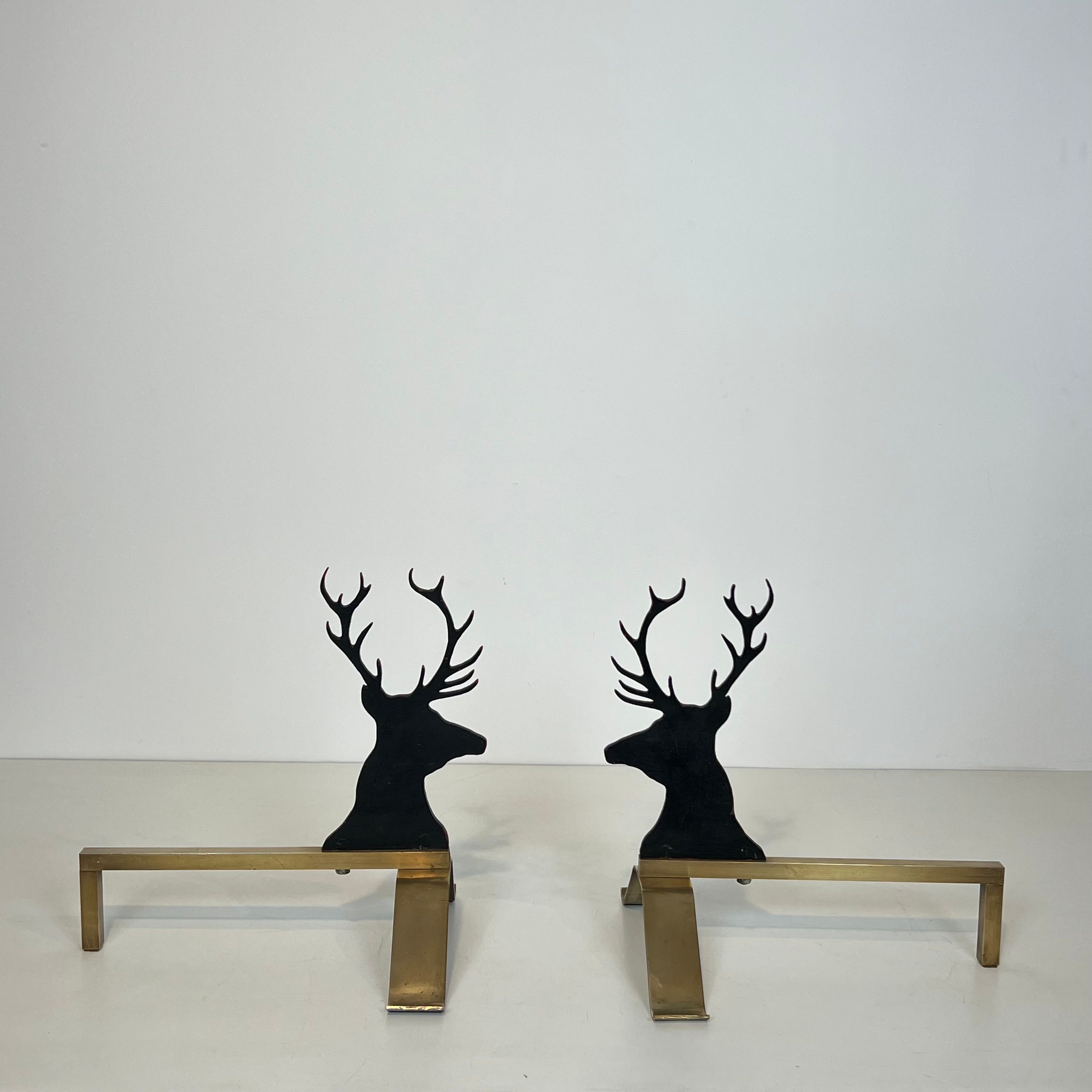 Paire de Chenets Aux Cerfs en Acier Laqué Noir et Laiton