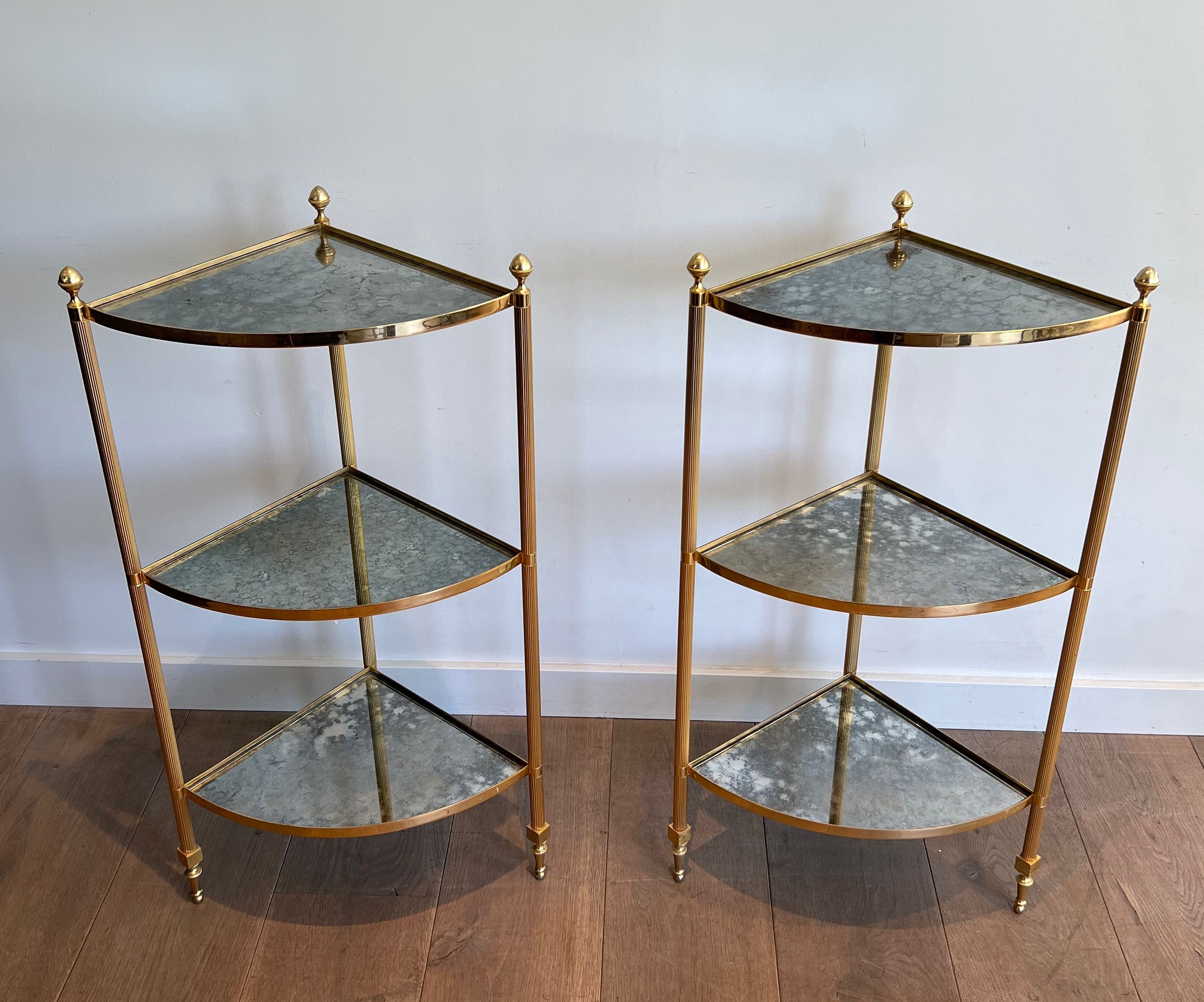 Pair of Gilt Metal Corner Side Tables with Eglomized Mirror Shelves In The Style of Maison Jansen