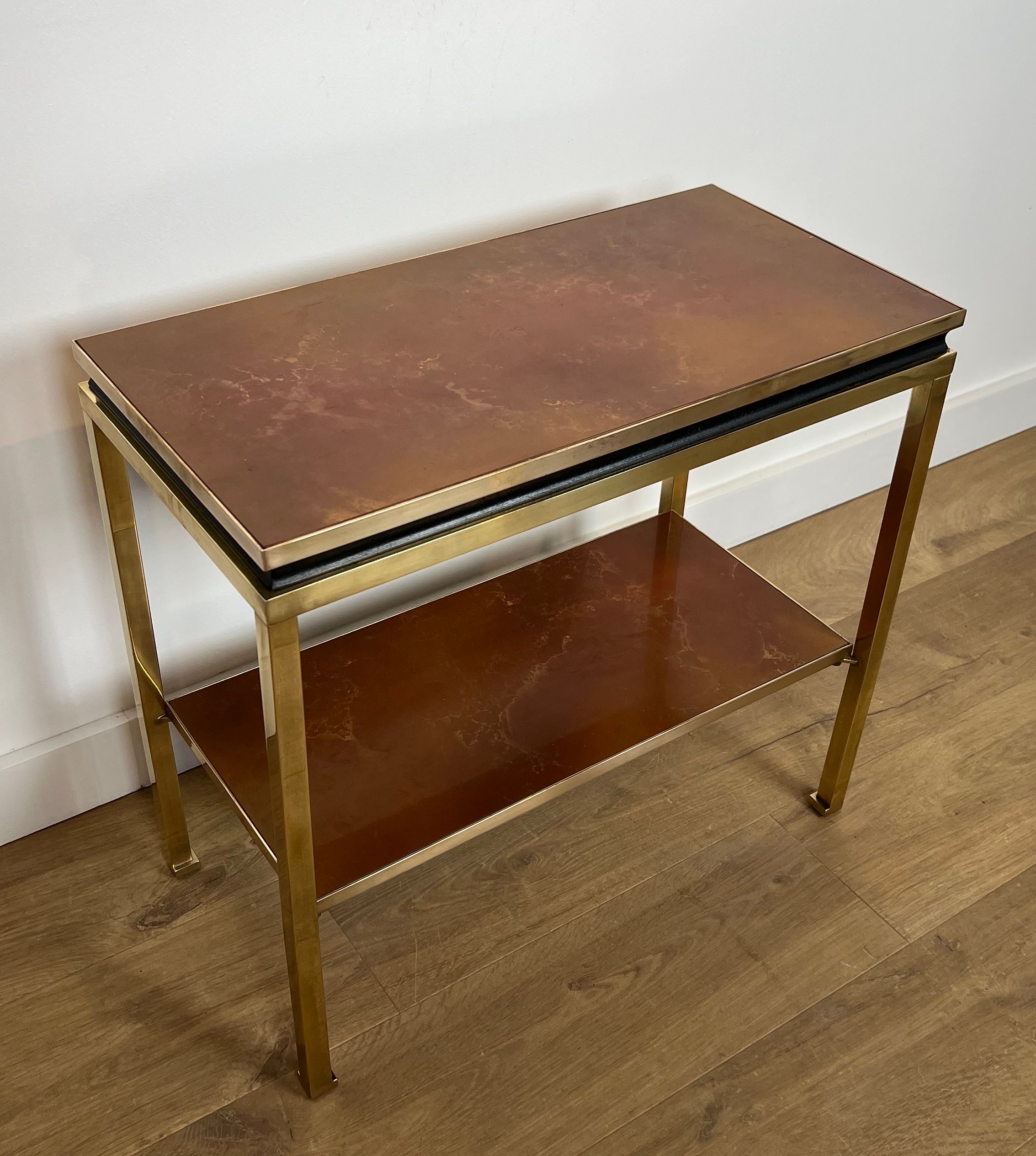 Brass and Black Lacquered Metal Side table with Amber Celluloid Shelves by Guy Lefèvre for Maison Jansen