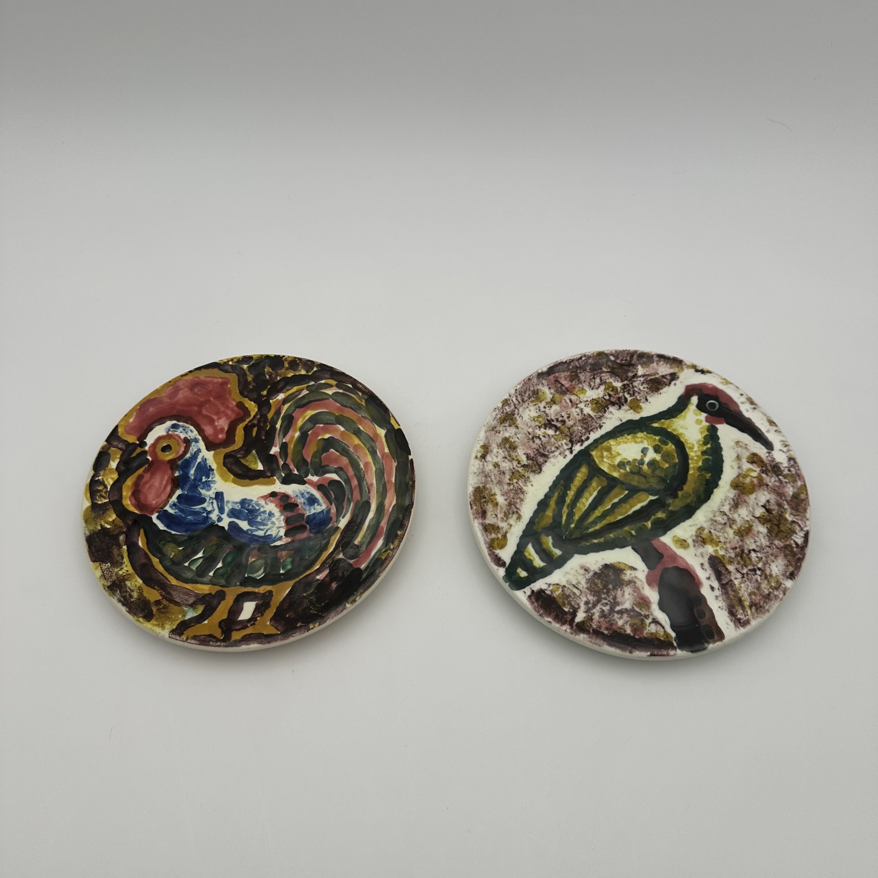 Pair of Small Ceramic Plates, Bird Decor in the Style of Roger Capron, 1950s-1960s
