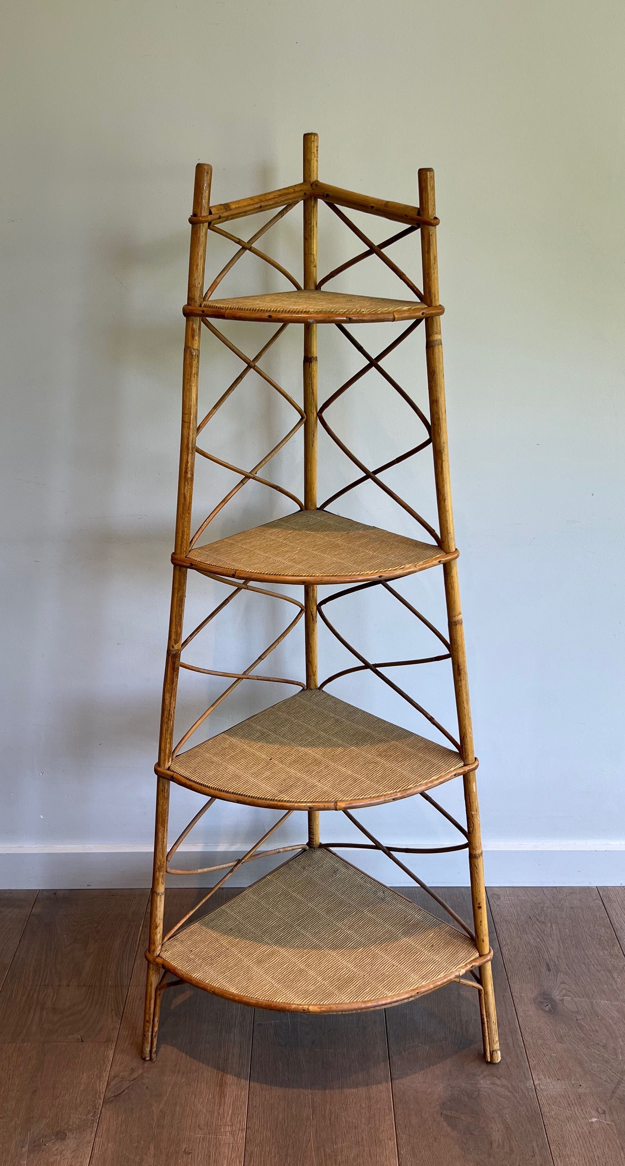 Corner Rattan Shelves Unit. French work by Adrien Audoux et Frida Minet