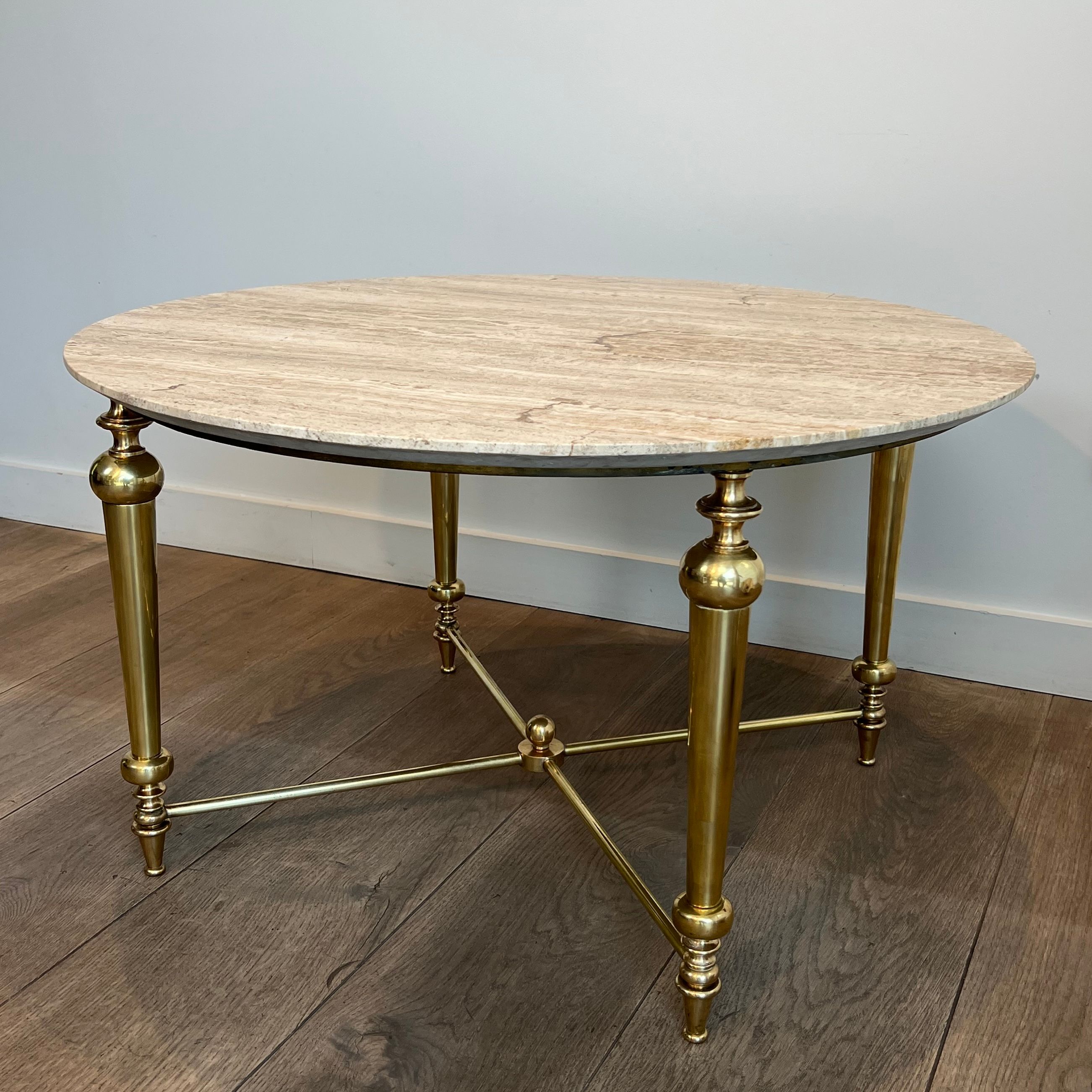 Brass Coffee Table with White Marble Top in the Style of Maison Ramsay