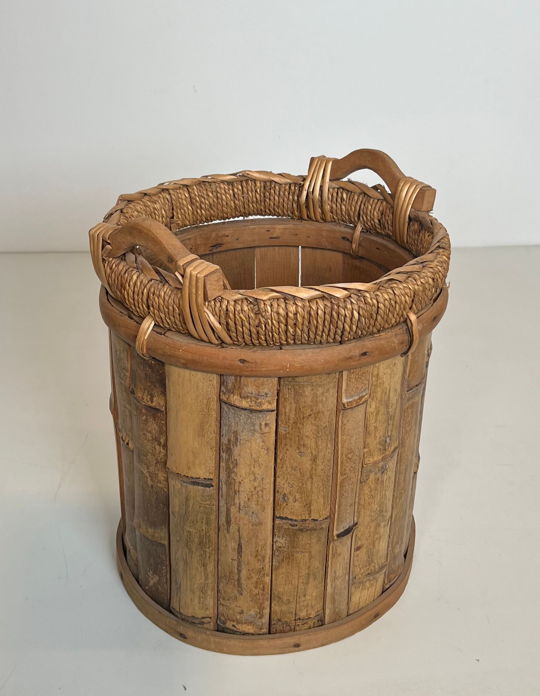 Rattan and Brass Wastebasket