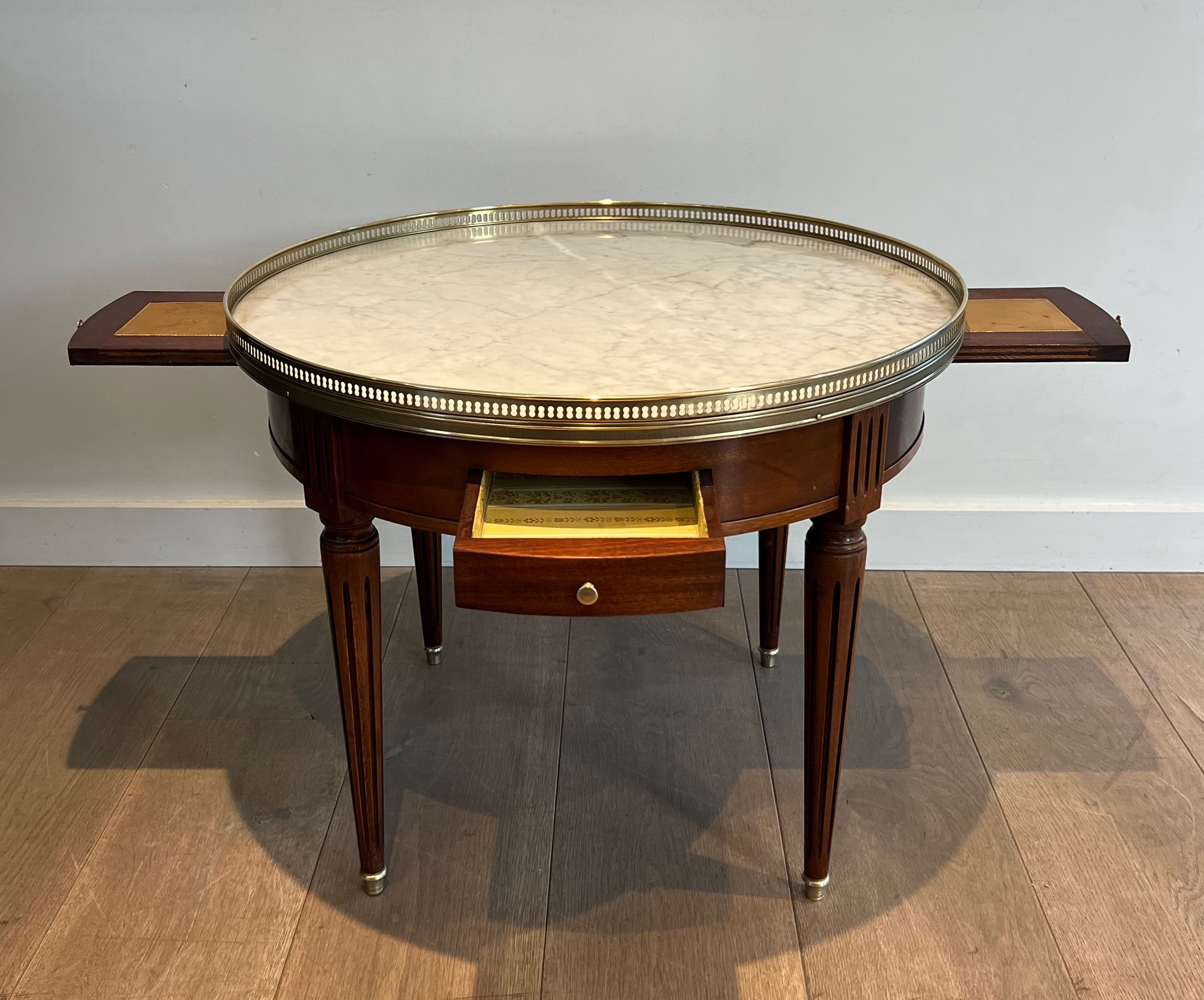 Neoclassical Style Round Mahogany Coffee Table with Brass and White Carrara Marble Top