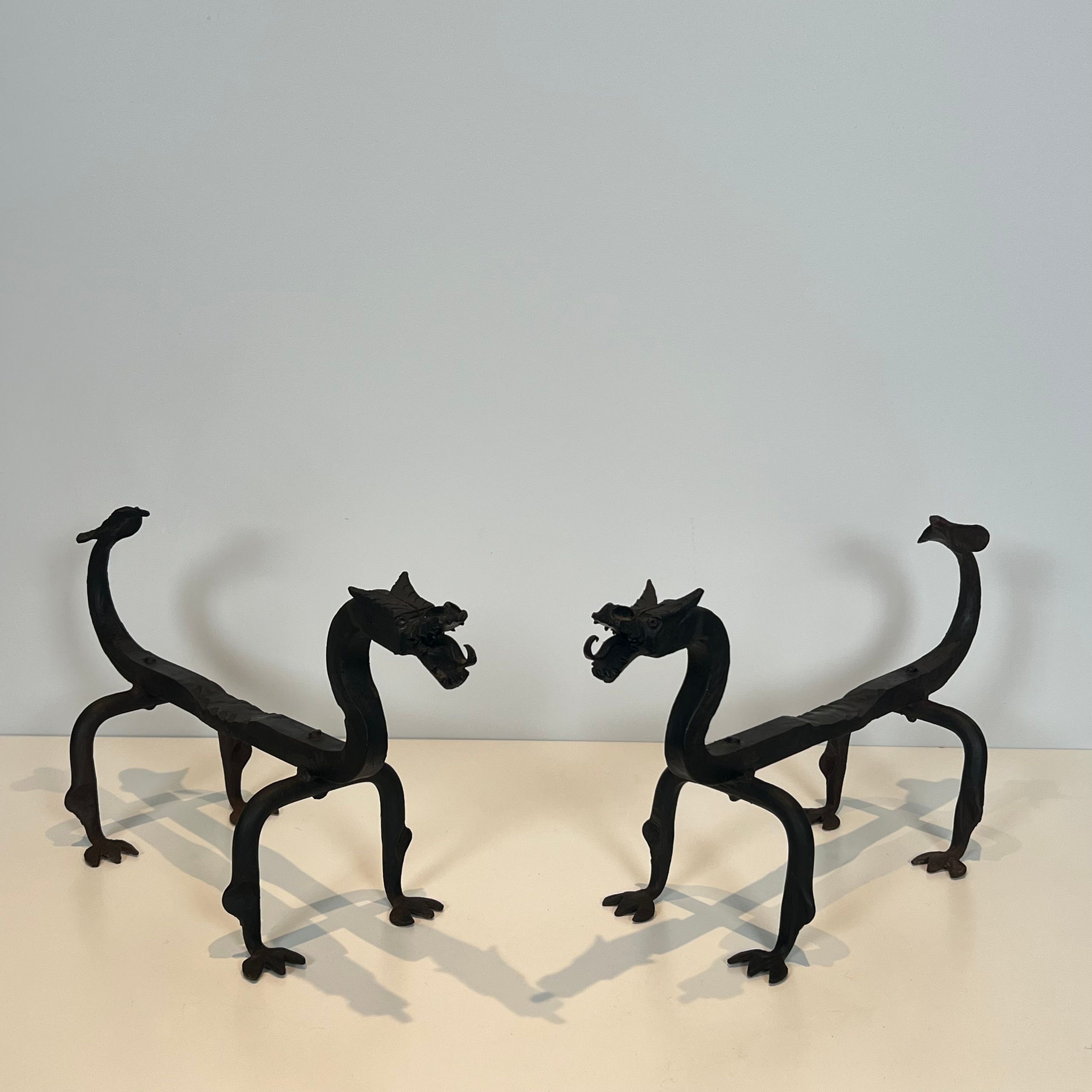 Pair of Wrought Iron Dragon Andirons