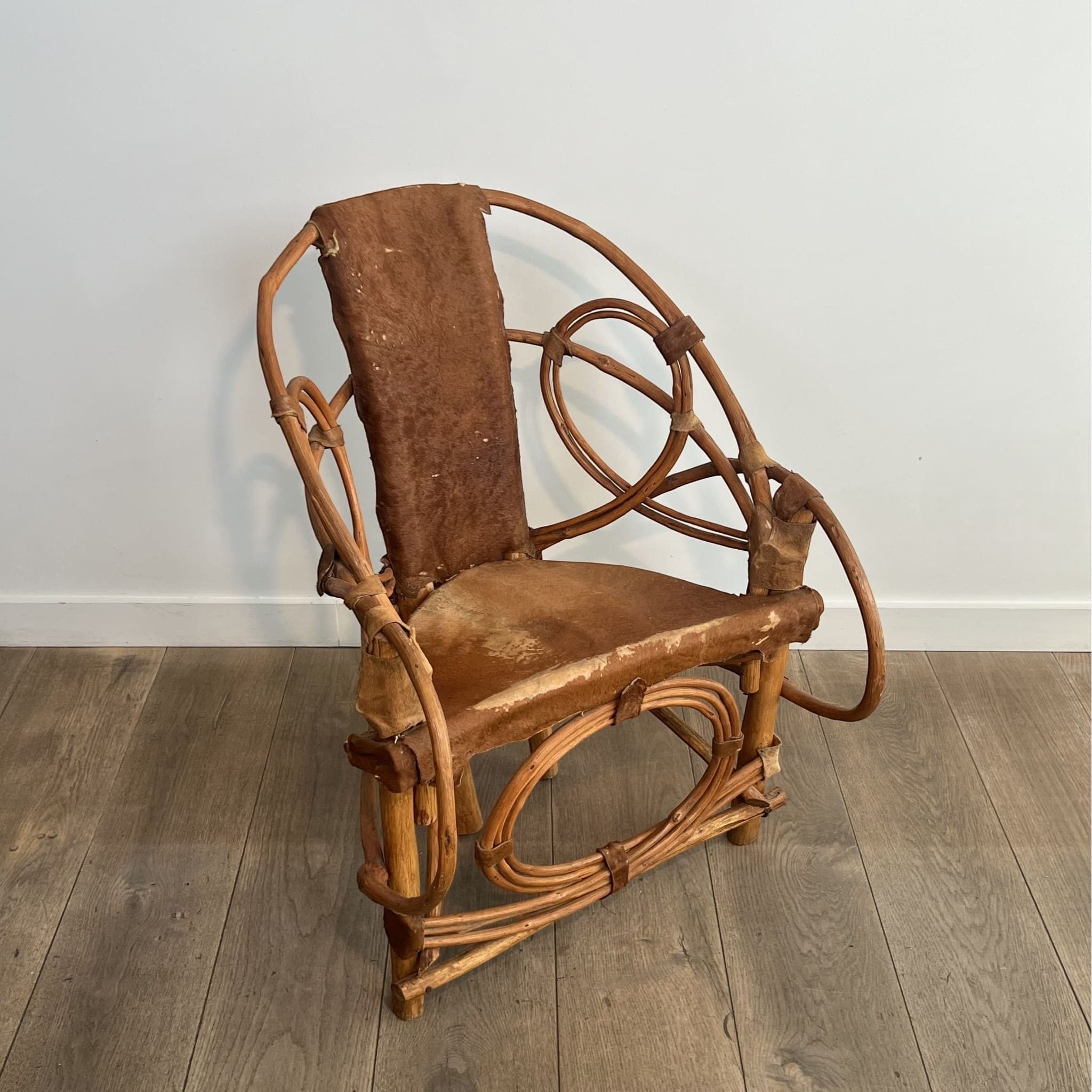 Organic Modernist Armchair in Rattan and Cowhide, Italian Work, 1960s