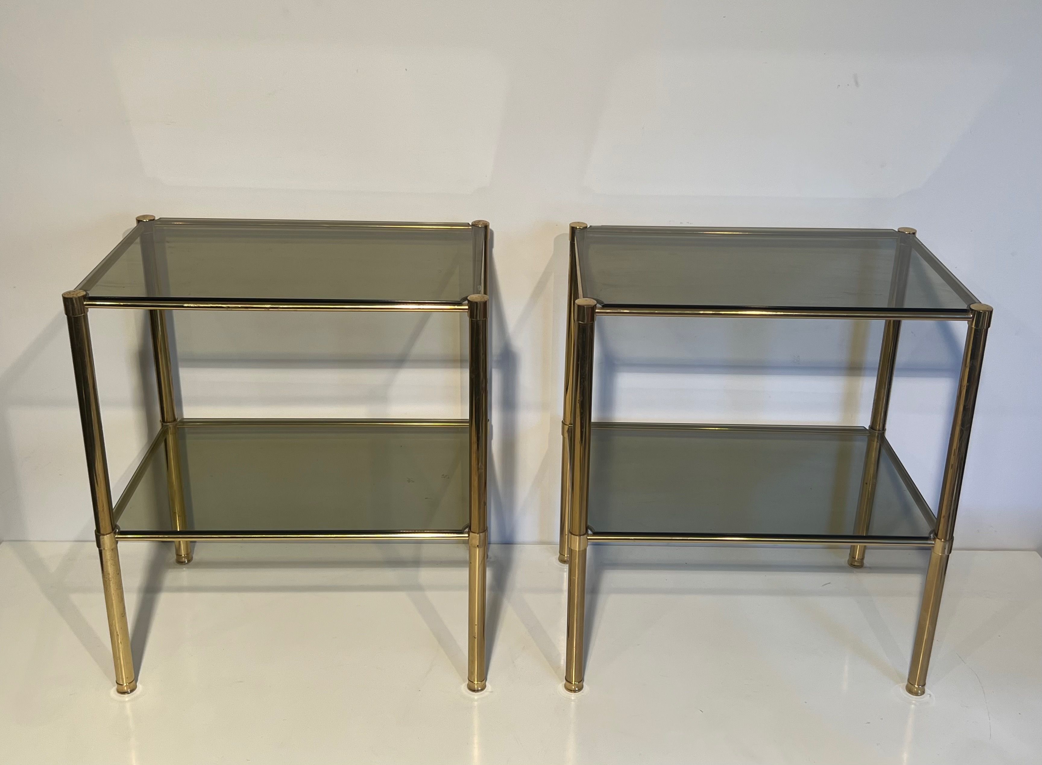 Pair of Brass Side Tables with Smoked Glass Shelves