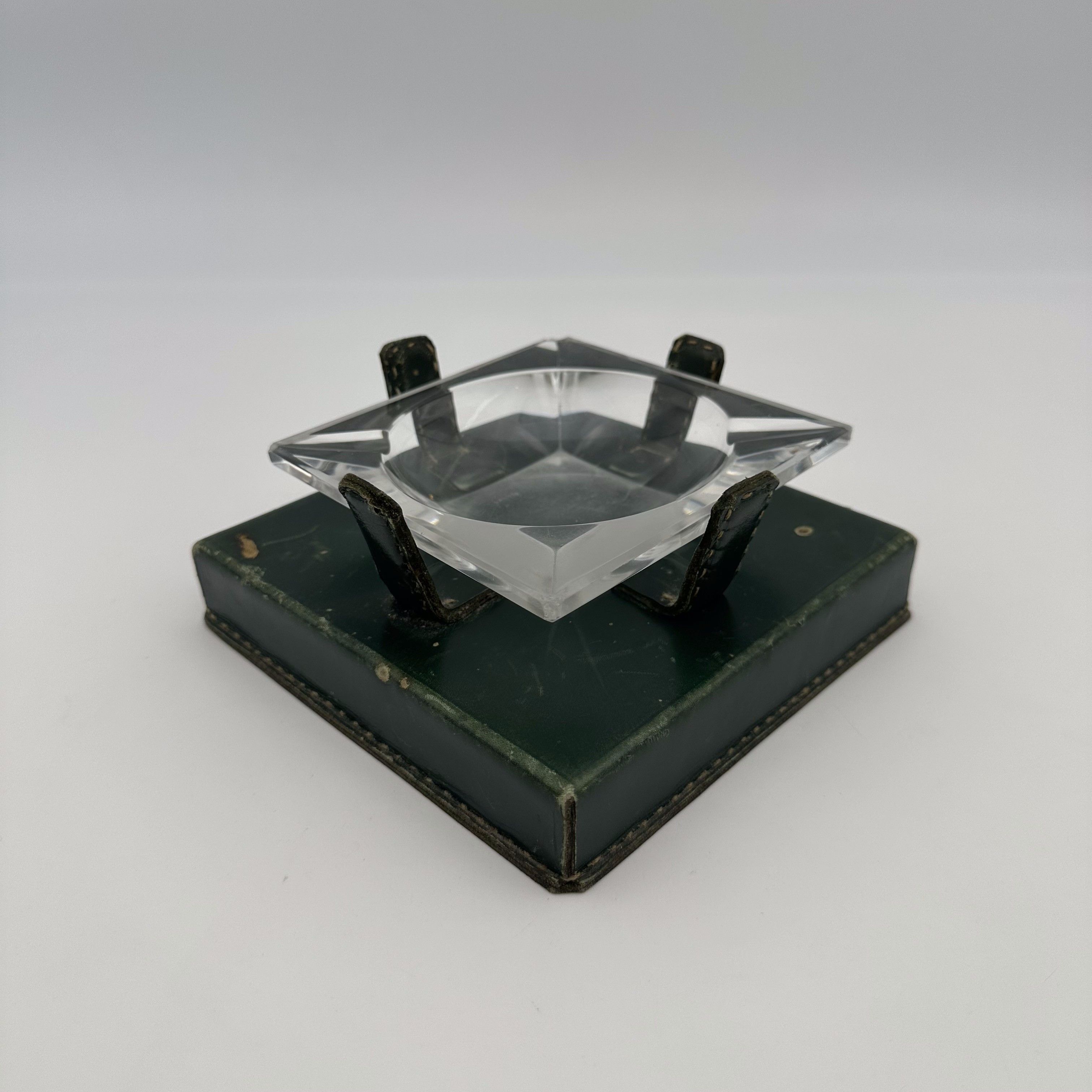 Green Leather and Crystal Ashtray in the Style of Jacques Adnet, 1950s