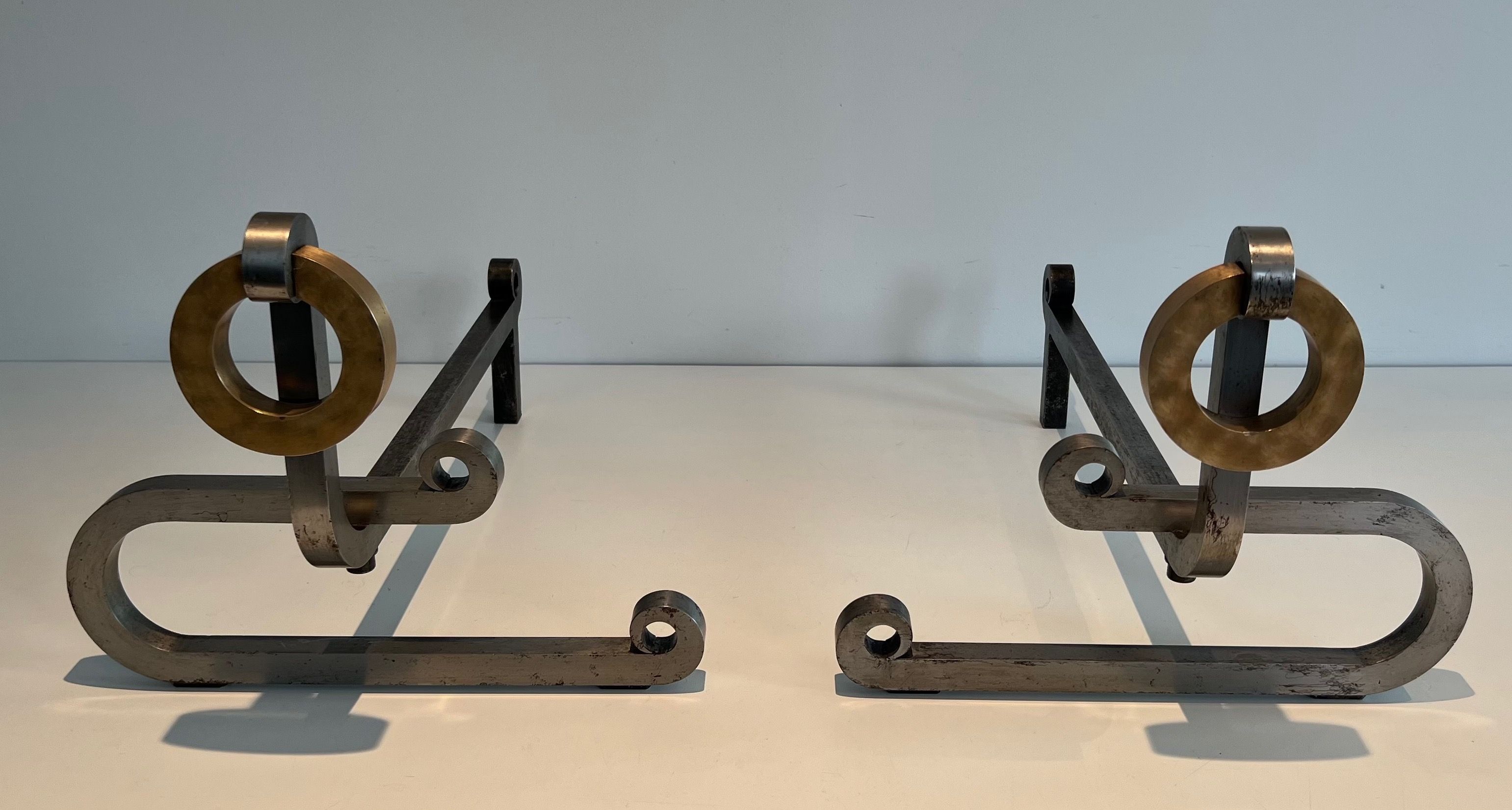 Pair of Modernist Chromed Steel and Iron Andirons