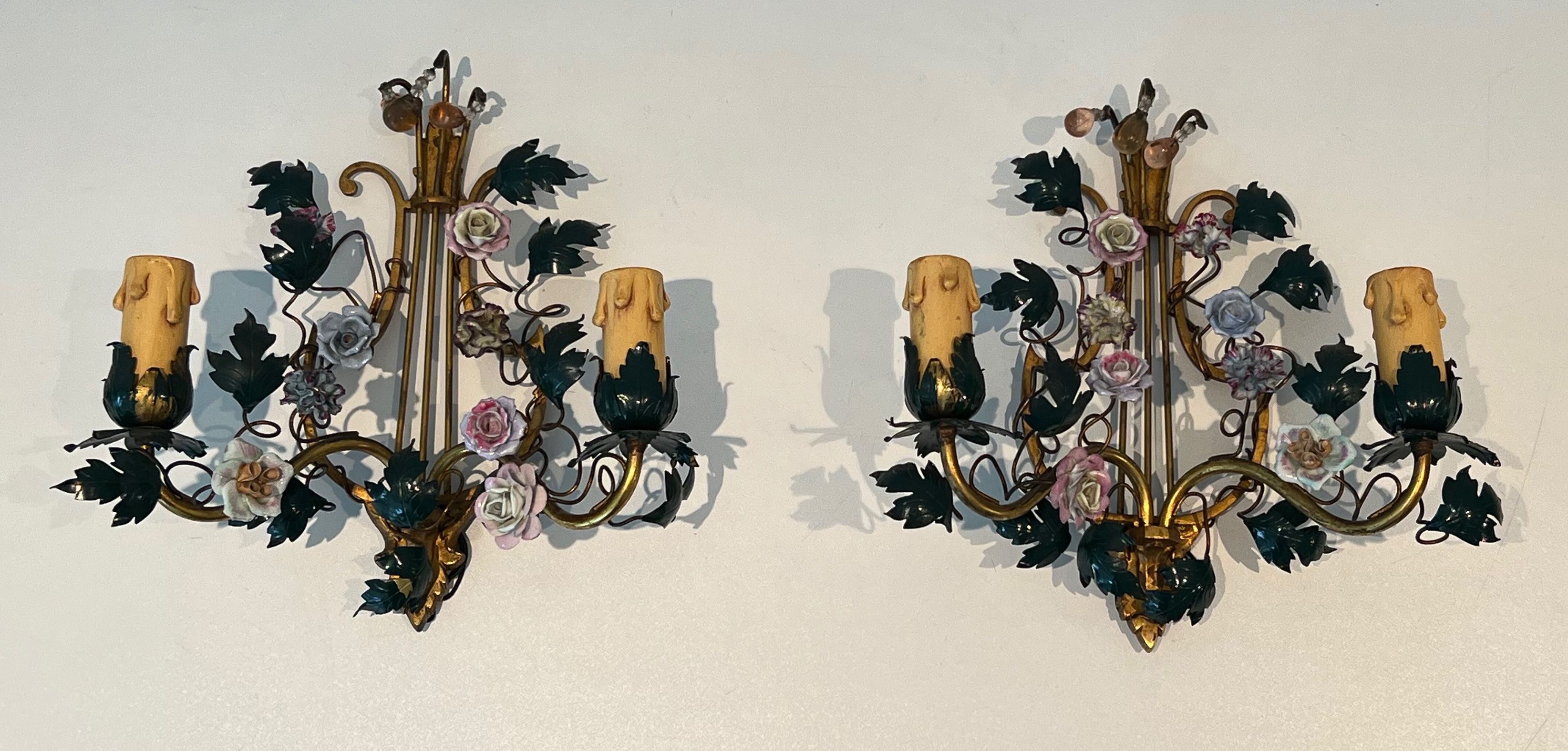 Pair of Wall Lights made of Bronze, Patinated Metal  and Porcelain Flowers