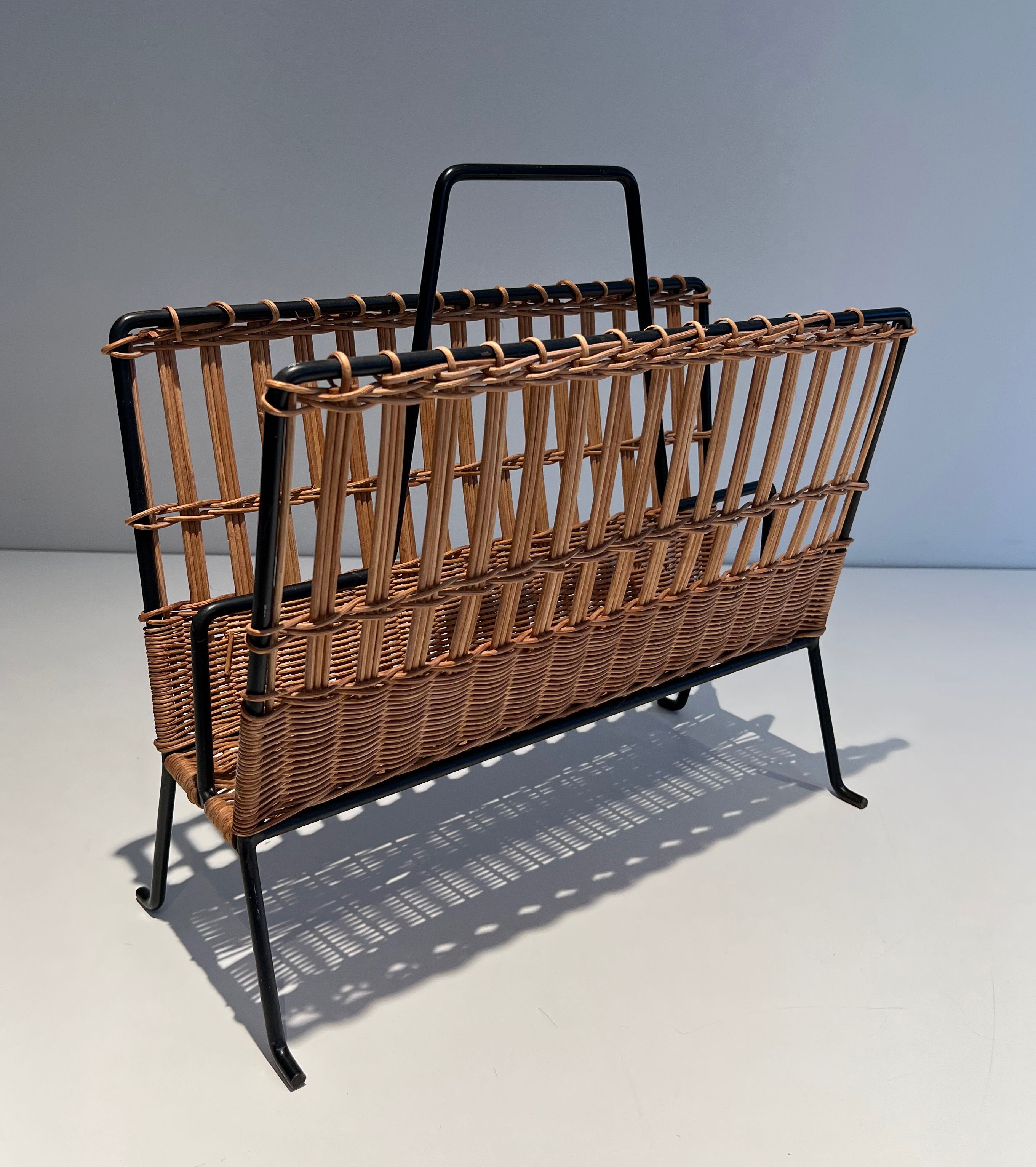 Pair of Rattan and Black Lacquered Magazine Rack