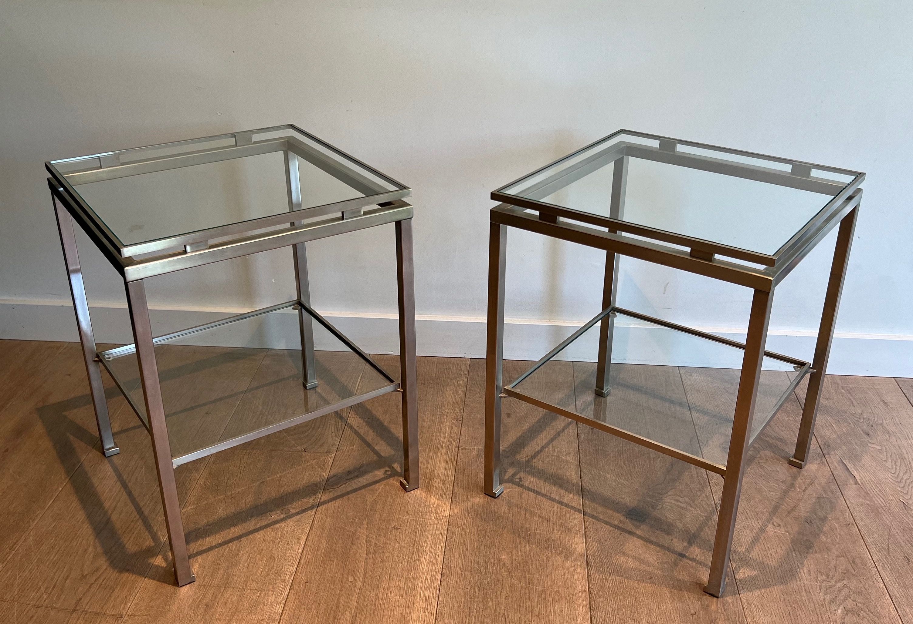 Pair of brushed steel side tables by Guy Lefèvre for Maison Jansen