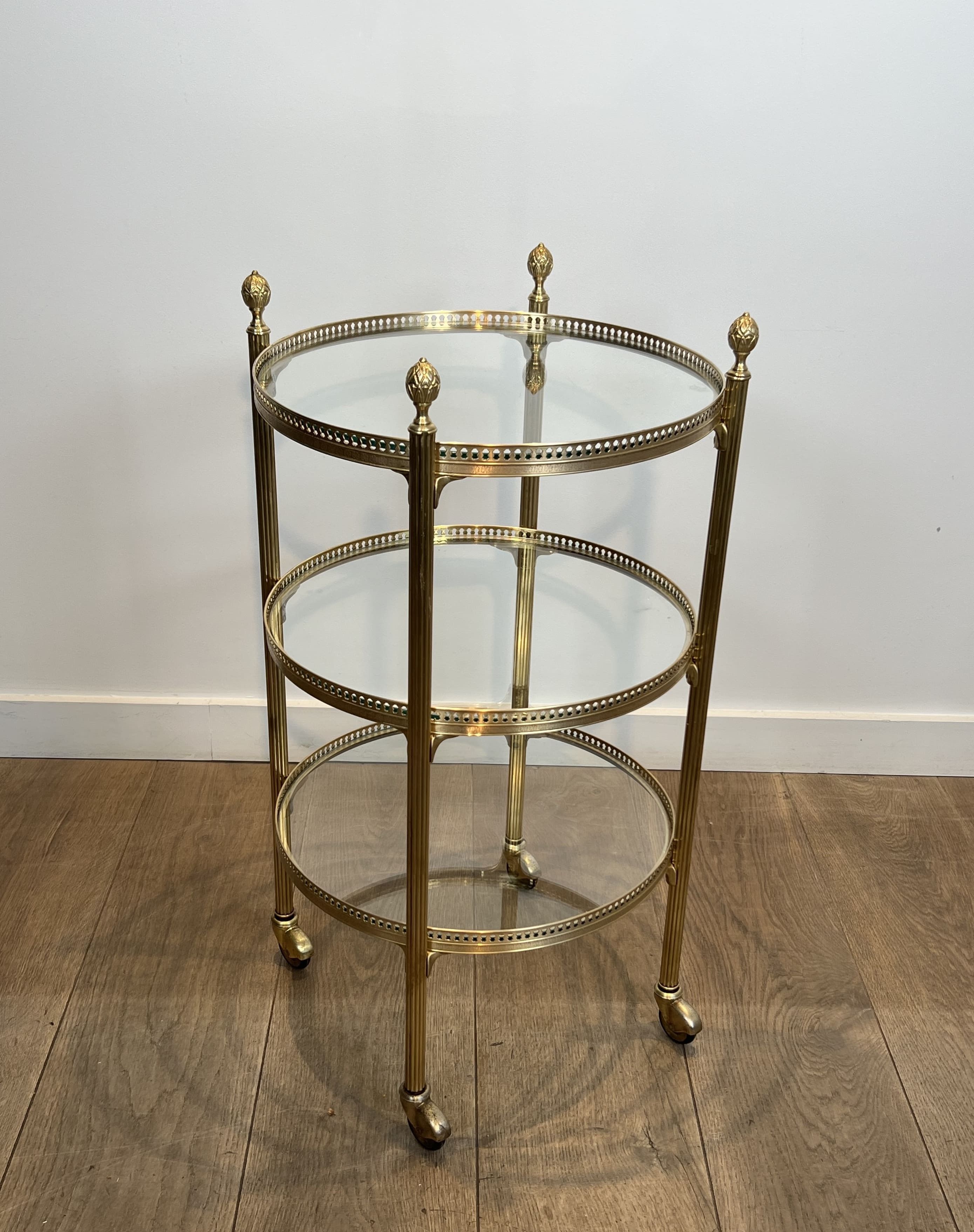 Round Three-Tier Brass Bar Cart, Attributed to Maison Jansen, 1940s