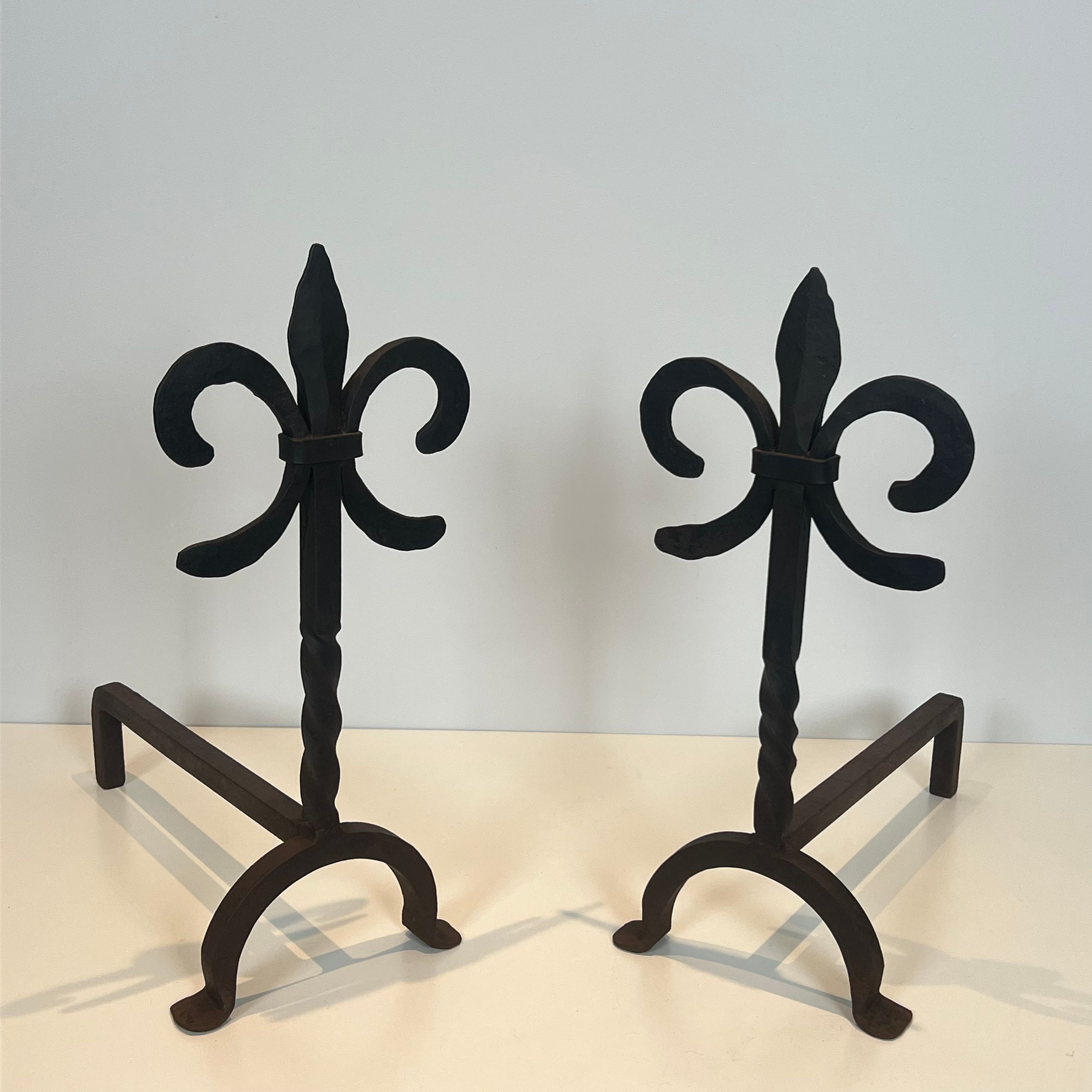 Pair of Fleurs de Lys Wrought Iron Andirons