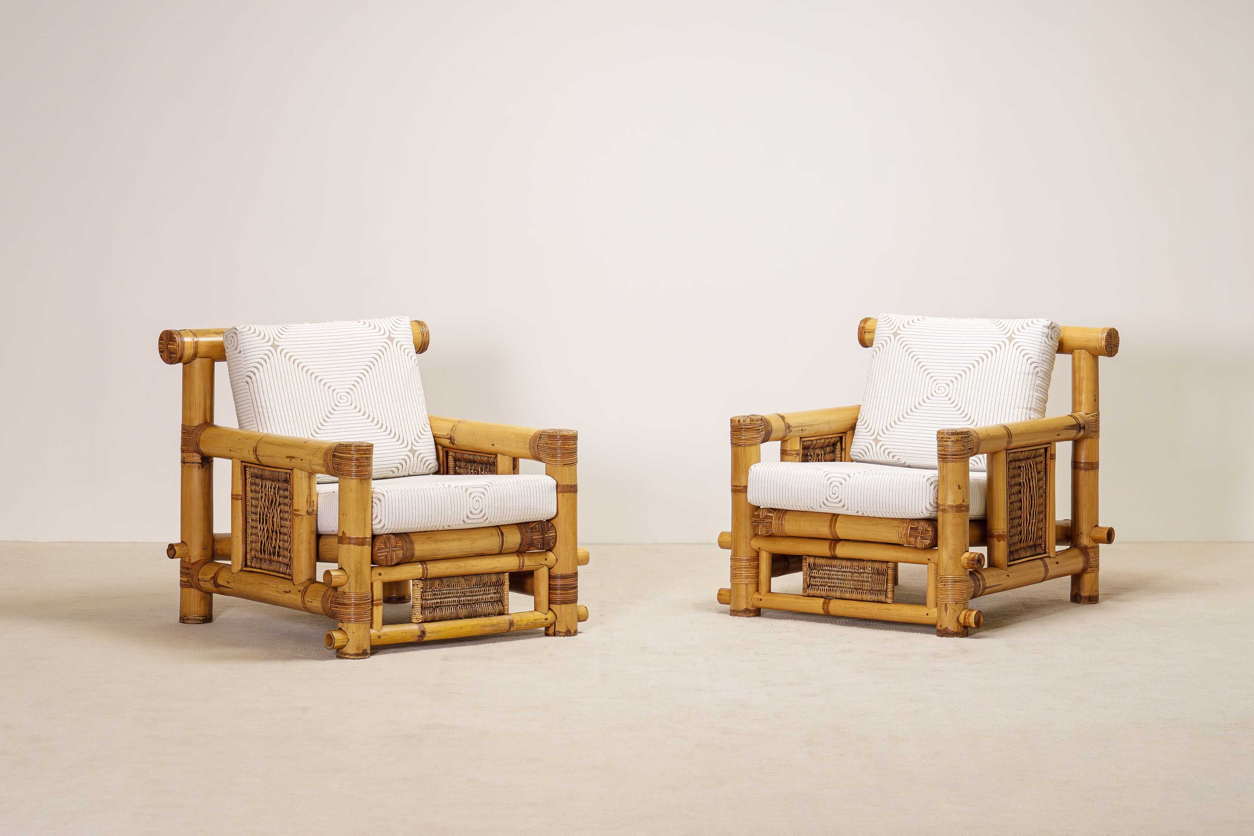 Pair of Large Bamboo Armchairs with Pierre Frey Cushions, French, circa 1970