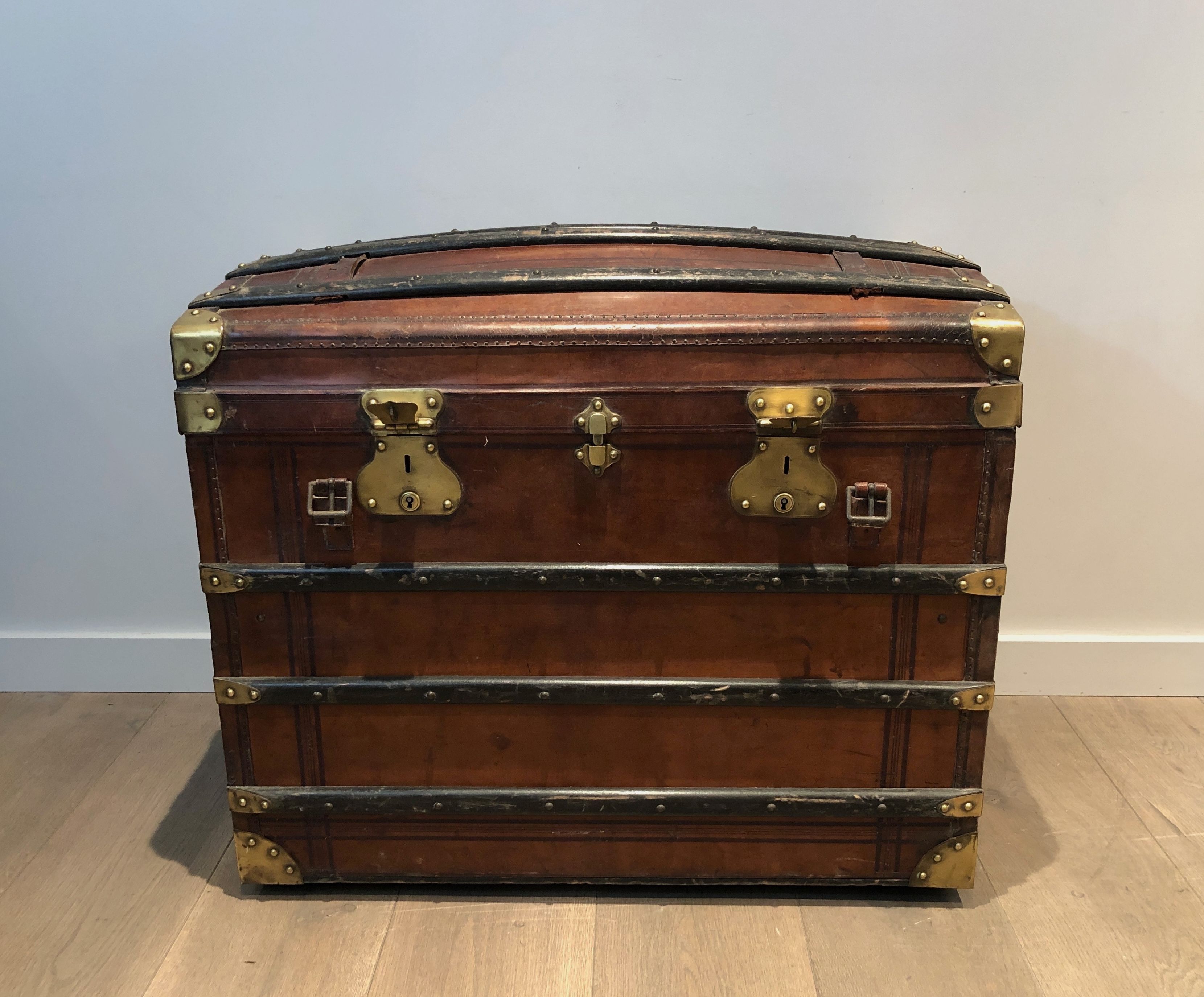 Travel Trunk made of Leather, Wood and Brass