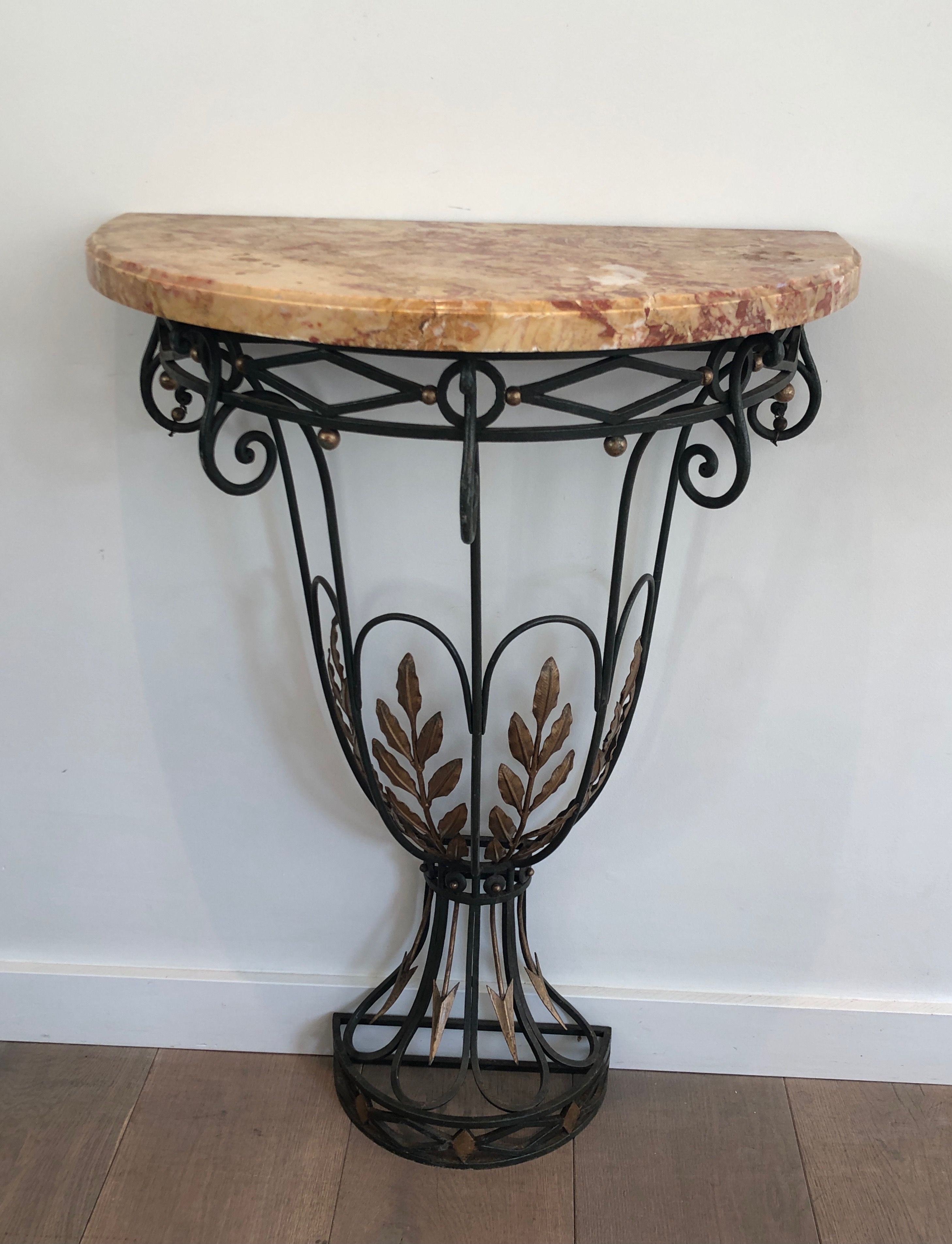 Rare Small Wrought Iron Console with Marble Top. French work. Circa 1940